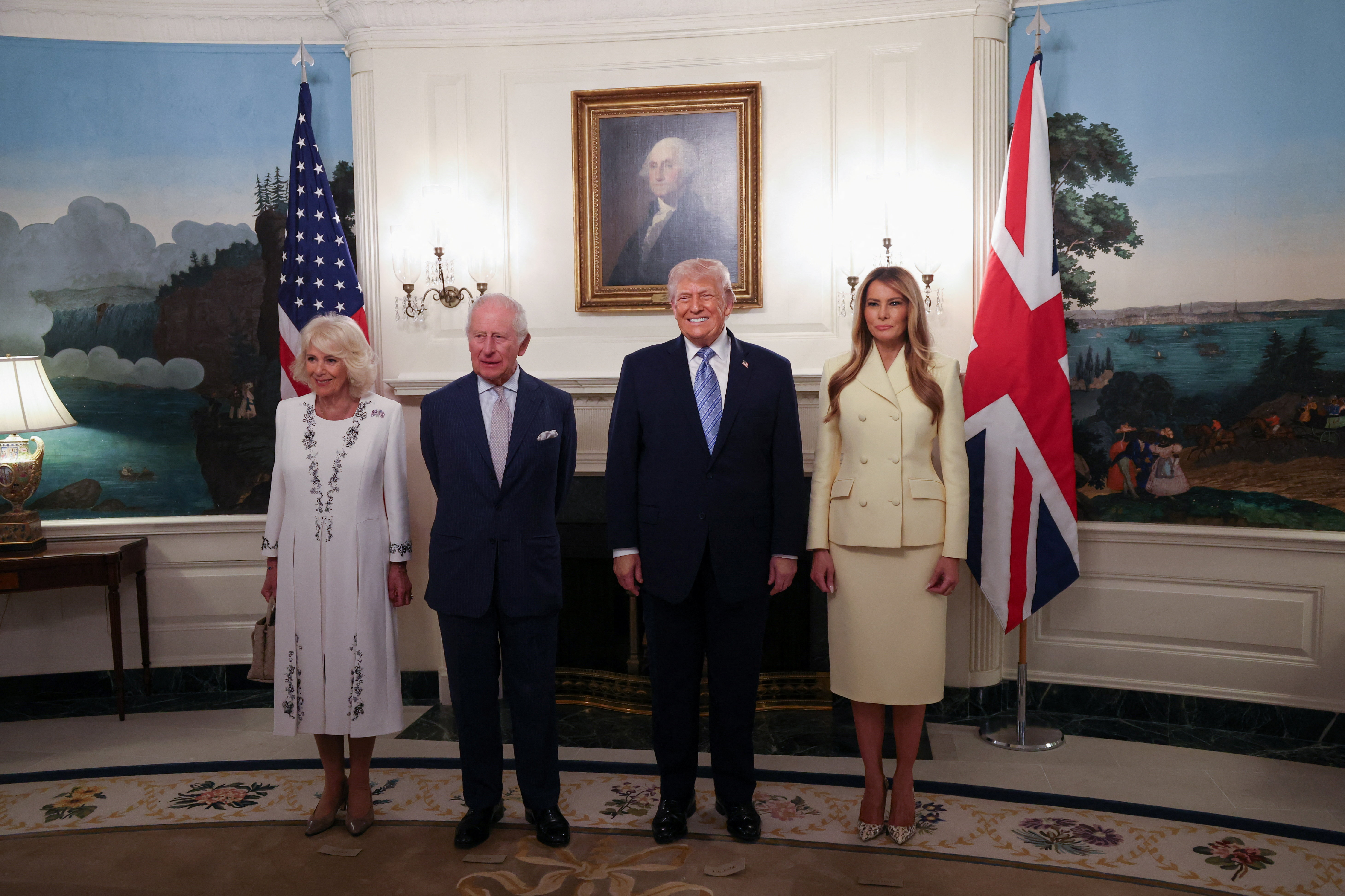 President Donald Trump, King Charles III and First Lady Melania Trump on day one of the State Visit of King Charles III and Queen Camilla on April 27, 2026 in Washington, DC. | Source: Getty Images