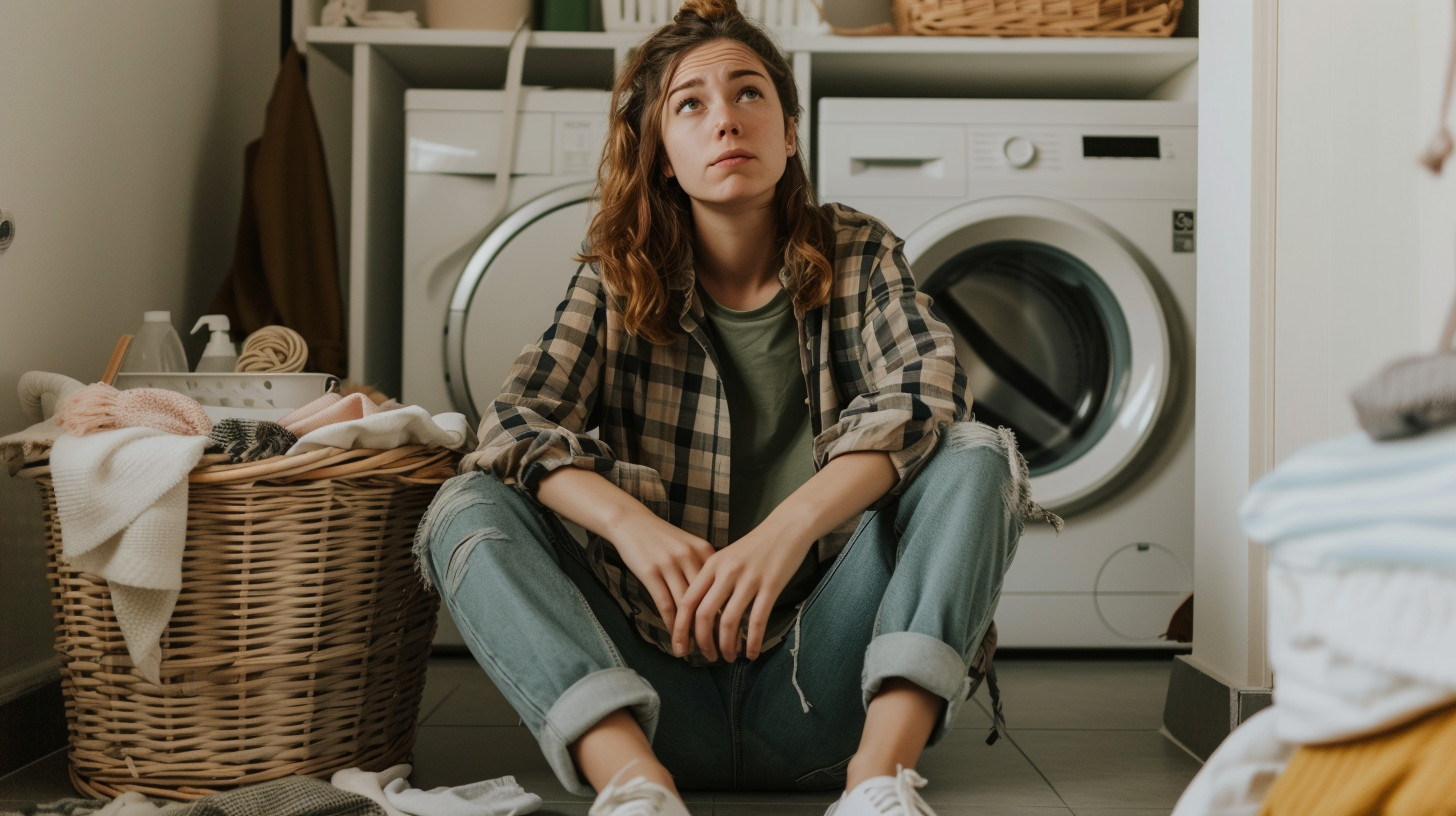 A woman sitting on the floor with laundry | Source: Midjourney