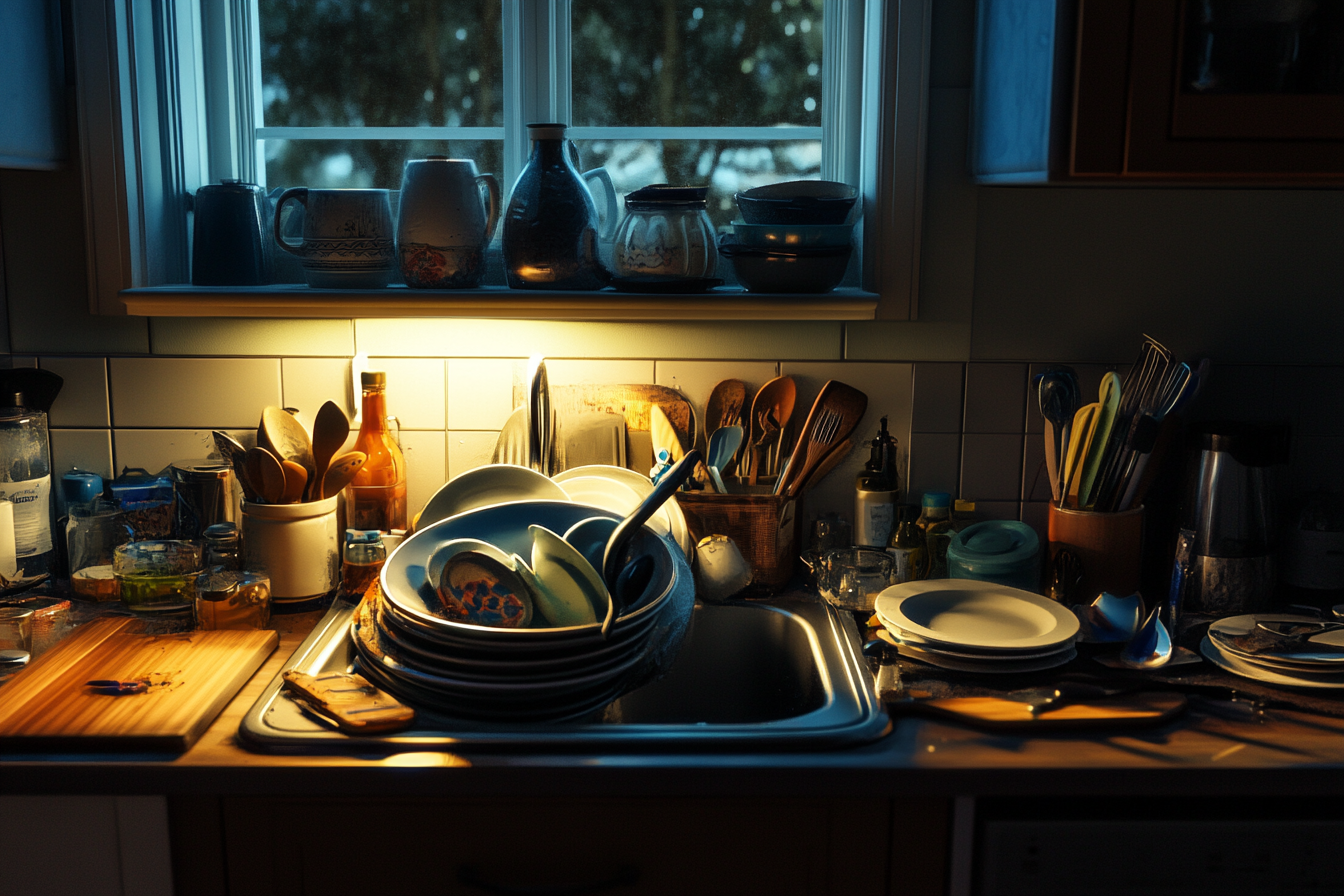 A kitchen sink and counter overflowing with dirty dishes | Source: Midjourney