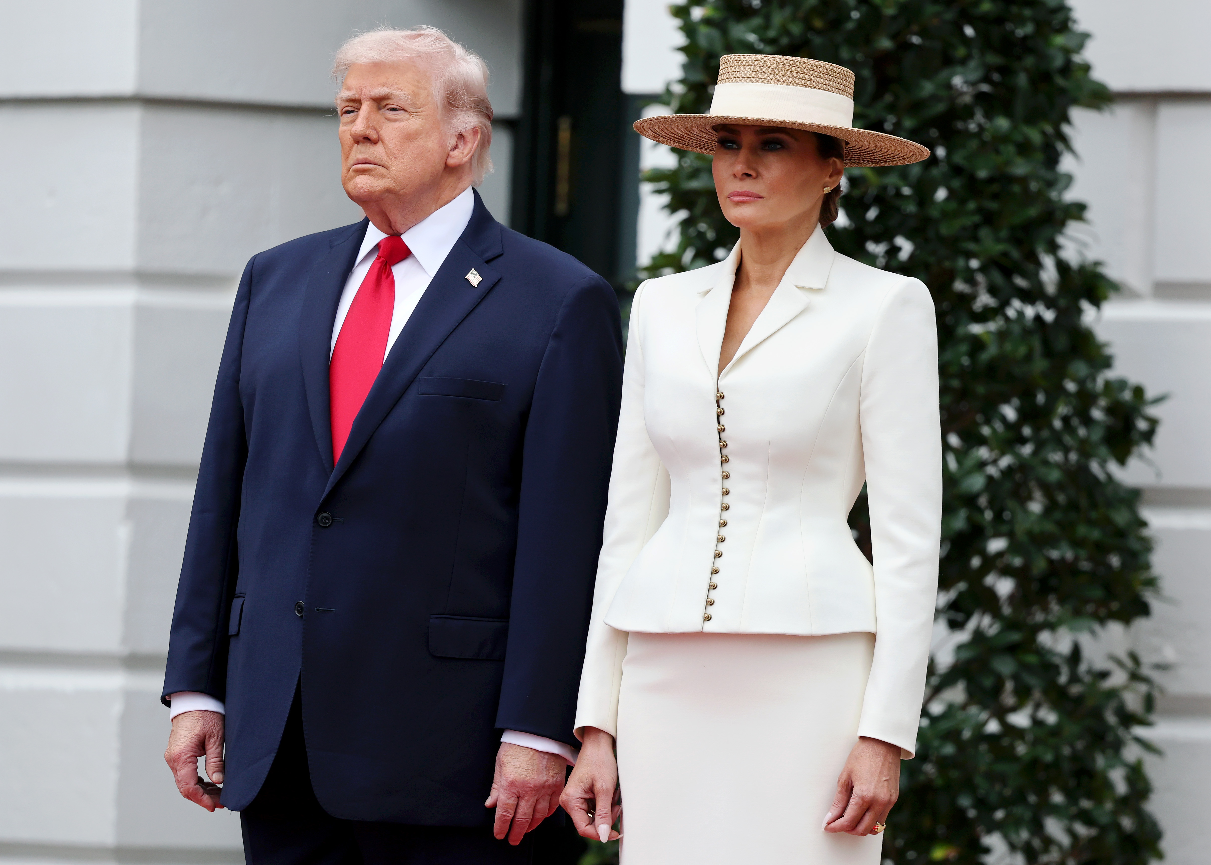 Donald Trump and Melania Trump during the State Arrival Ceremony on the South Lawn on day two of the State Visit of King Charles III and Queen Camilla to the United States of America on April 28, 2026, in Washington, DC | Source: Getty Images