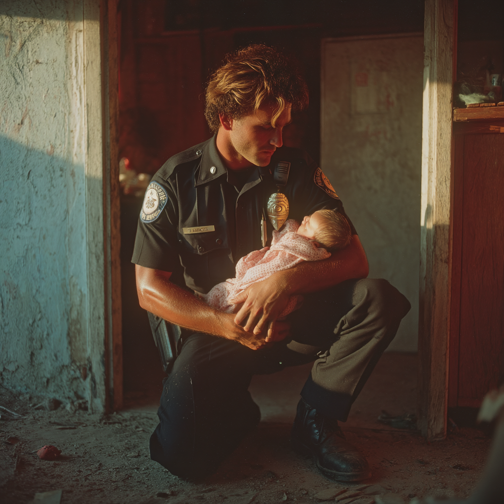 A policeman cradling a newborn baby | Source: Midjourney