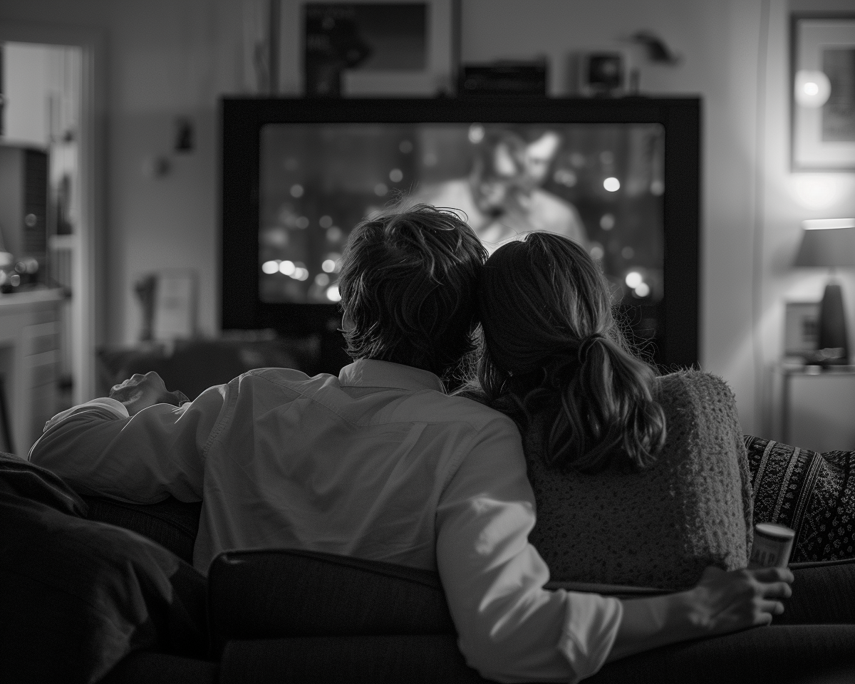 A couple sitting and watching TV | Source: Midjourney