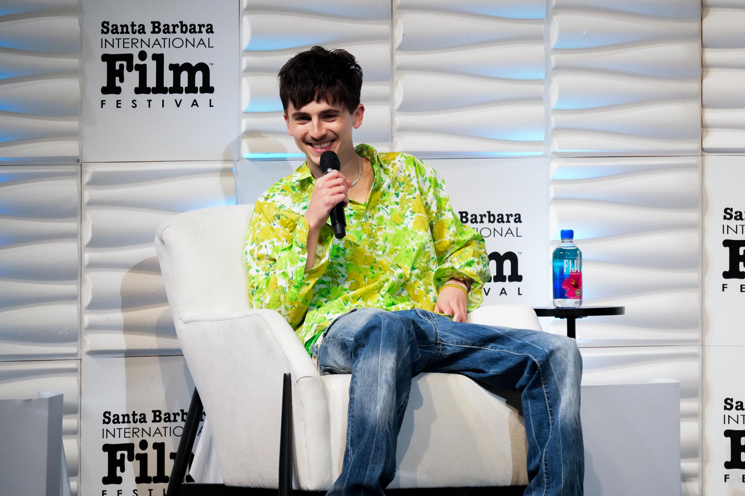 Timothée Chalamet wore his hair down over his forehead as he spoke onstage at the Arlington Artist of the Year Award, presented by DAOU Vineyards, during the 40th Santa Barbara International Film Festival on February 11, 2025, in Santa Barbara, California.