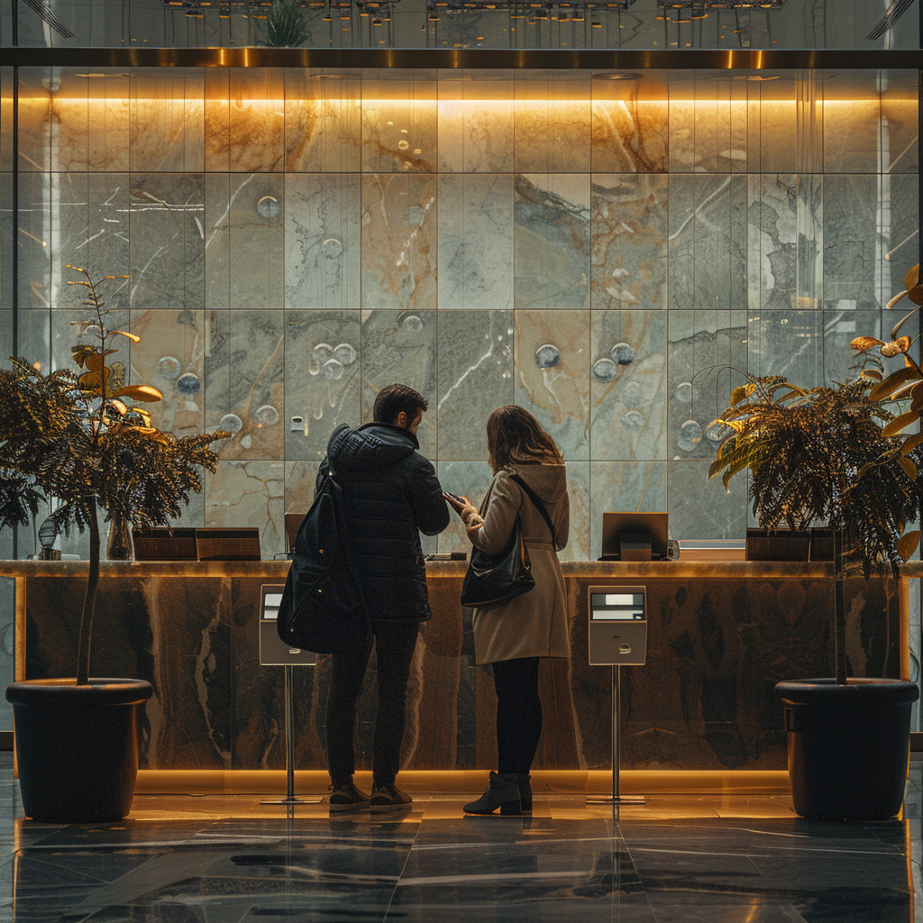 Phoebe and Mike at the hotel reception area | Source: Midjourney