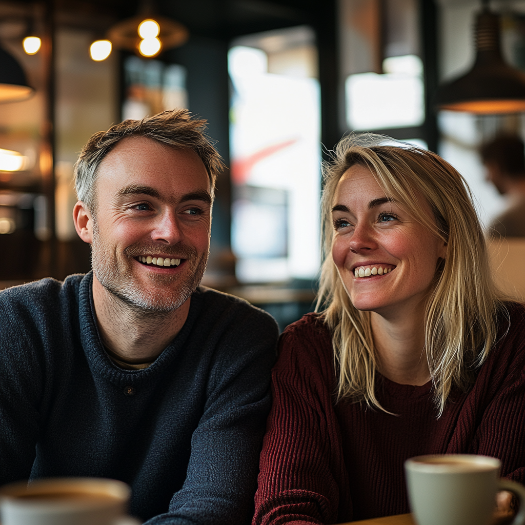 A couple sitting and talking in a café | Source: Midjourney