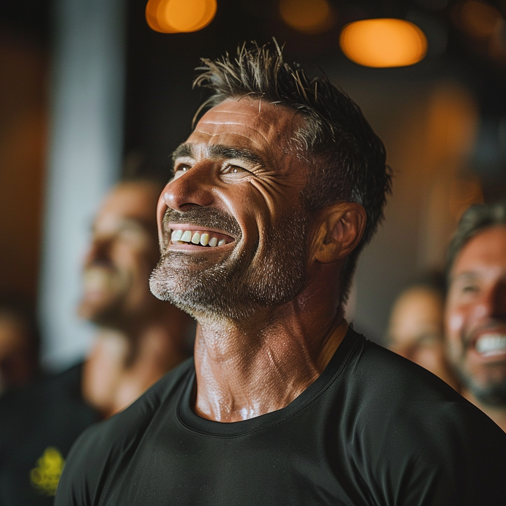 Close-up of a man laughing along with other men | Source: Midjourney