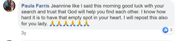 A user's comment on Jeannine Schaefer's post about searching and finding her daughter. | Photo: facebook.com/jeannine.schaefer.1