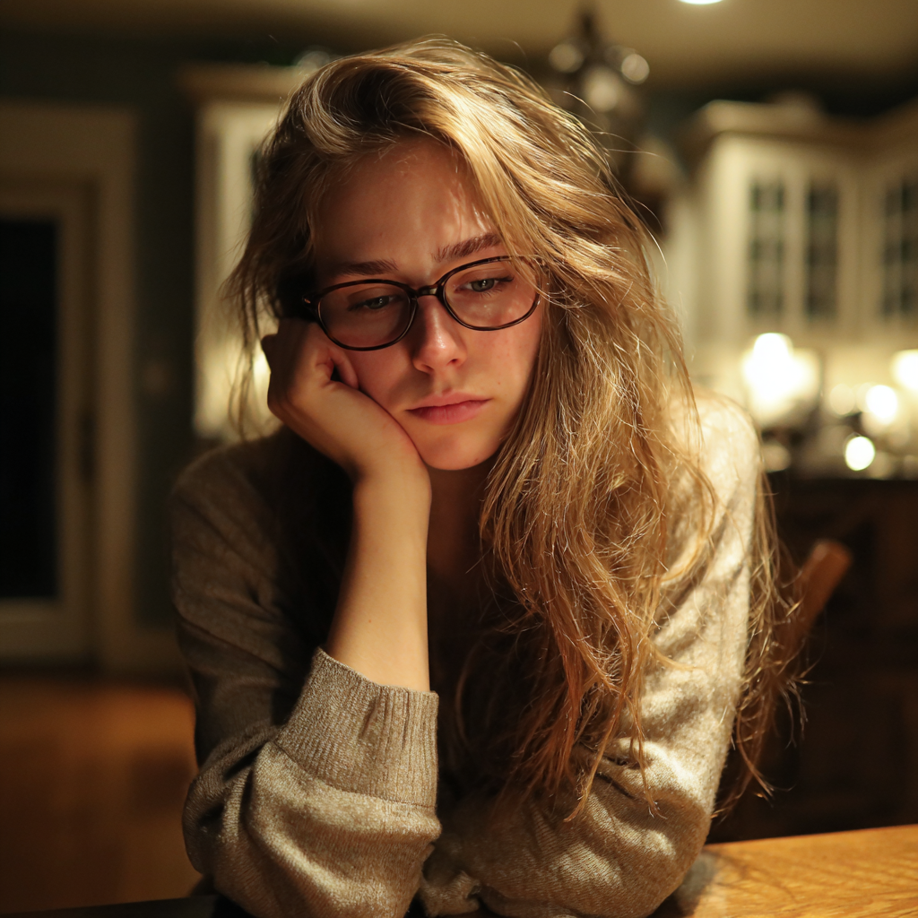 A pensive woman sitting at a table | Source: Midjourney
