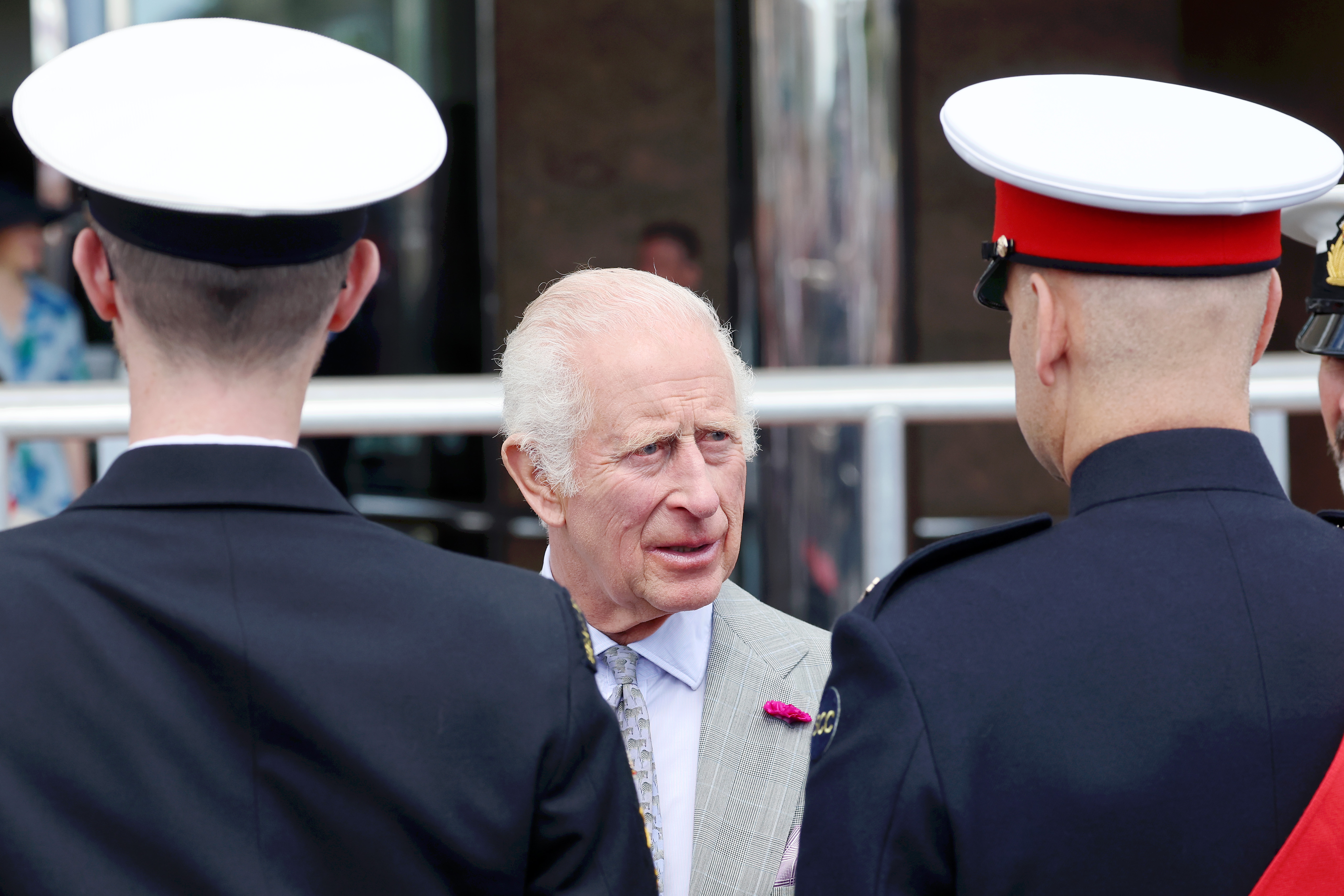 King Charles III observes the Presentation of The King’s Colour outside Pomme d’Or Hotel, Liberation Square, during his official visit to St. Helier, Jersey on July 15, 2024. | Source: Getty Images