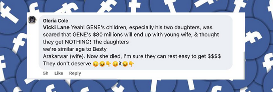 A fan shares their opinion on the possibility that Gene Hackman's children may inherit his estate, from a post dated March 11, 2025 | Source: Facebook/DailyMail