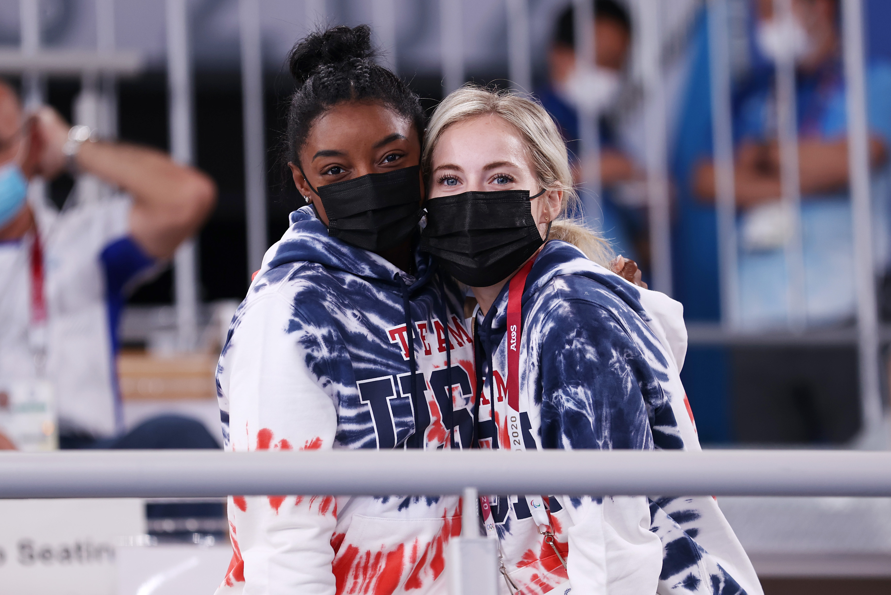 Simone Biles and MyKayla Skinner of Team United States watch the Men's All-Around Final on day five of the Tokyo 2020 Olympic Games | Source: Getty Images