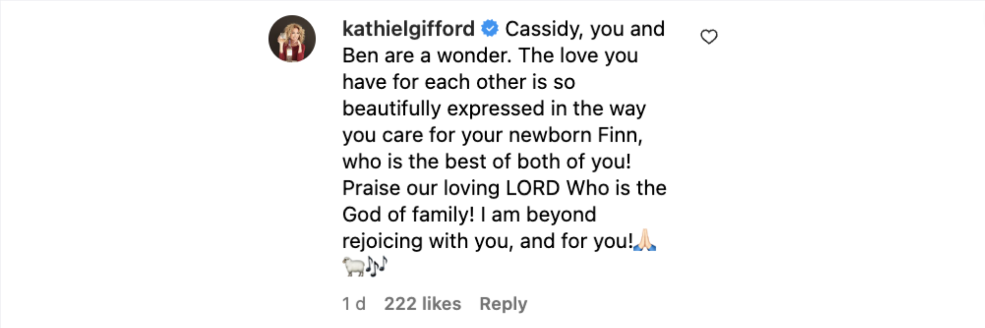 Kathie Lee Gifford comments on an Instagram photo of her grandson posted by her daughter, Cassidy, in June 2023 | Source: instagram.com/cassidygiff/