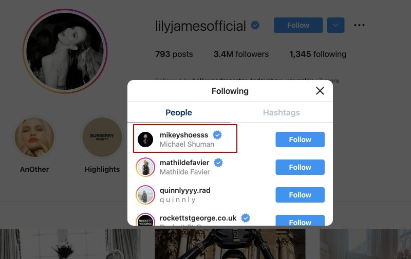 Lily James follows Michael Shuman's Instagram. | Source: Instagram.com/lilyjamesofficial