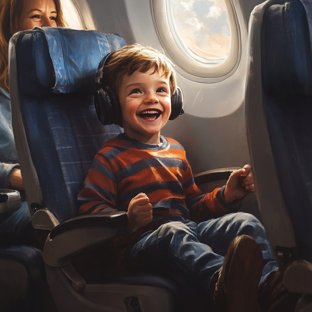 The little boy laughs in his seat. | Source: Midjourney