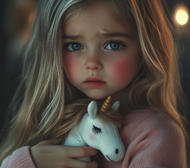 A sad little girl holding a unicorn plushie | Source: Midjourney