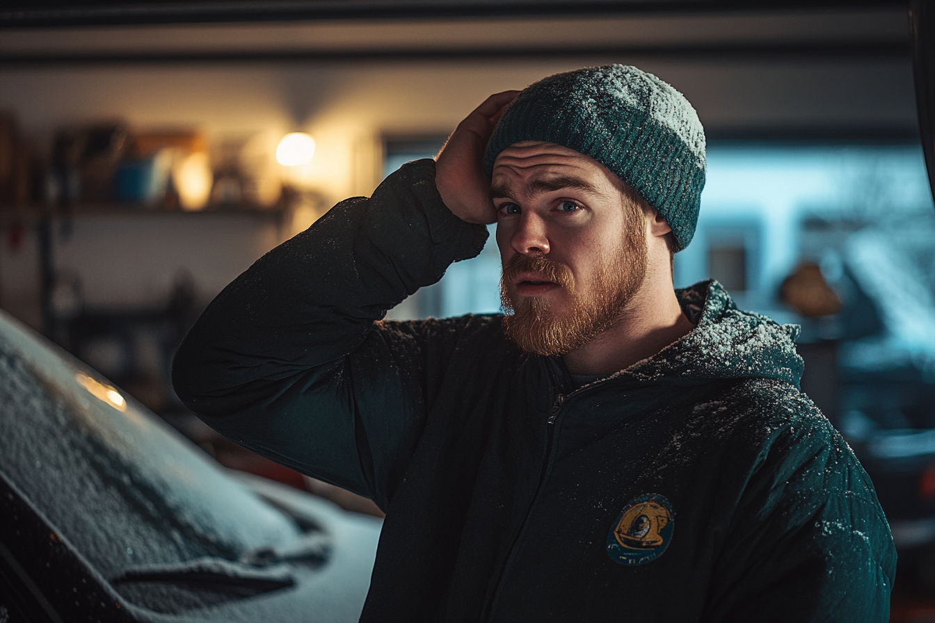 A man standing beside a car in a garage | Source: Midjourney