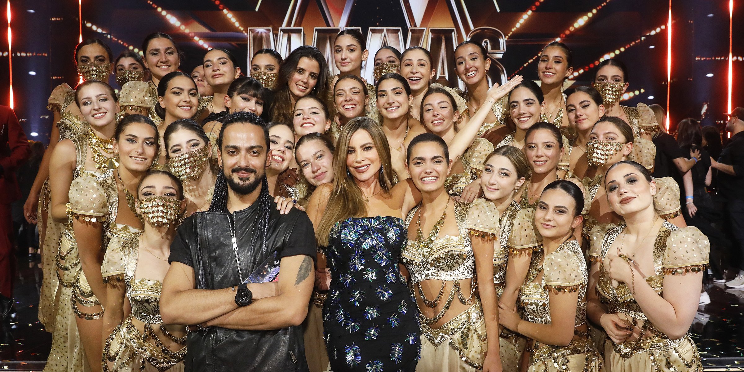 Founder Nadim Cherfan with AGT Season 17 Winners, The Mayyas, Pose with Actress Sofia Vergara | Source: Getty Images