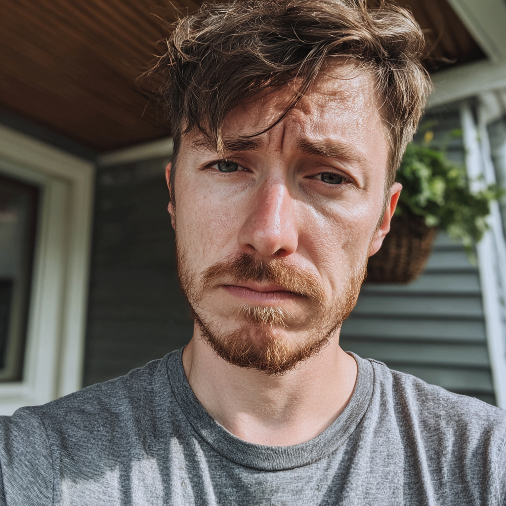 An emotional man standing on a porch | Source: Midjourney