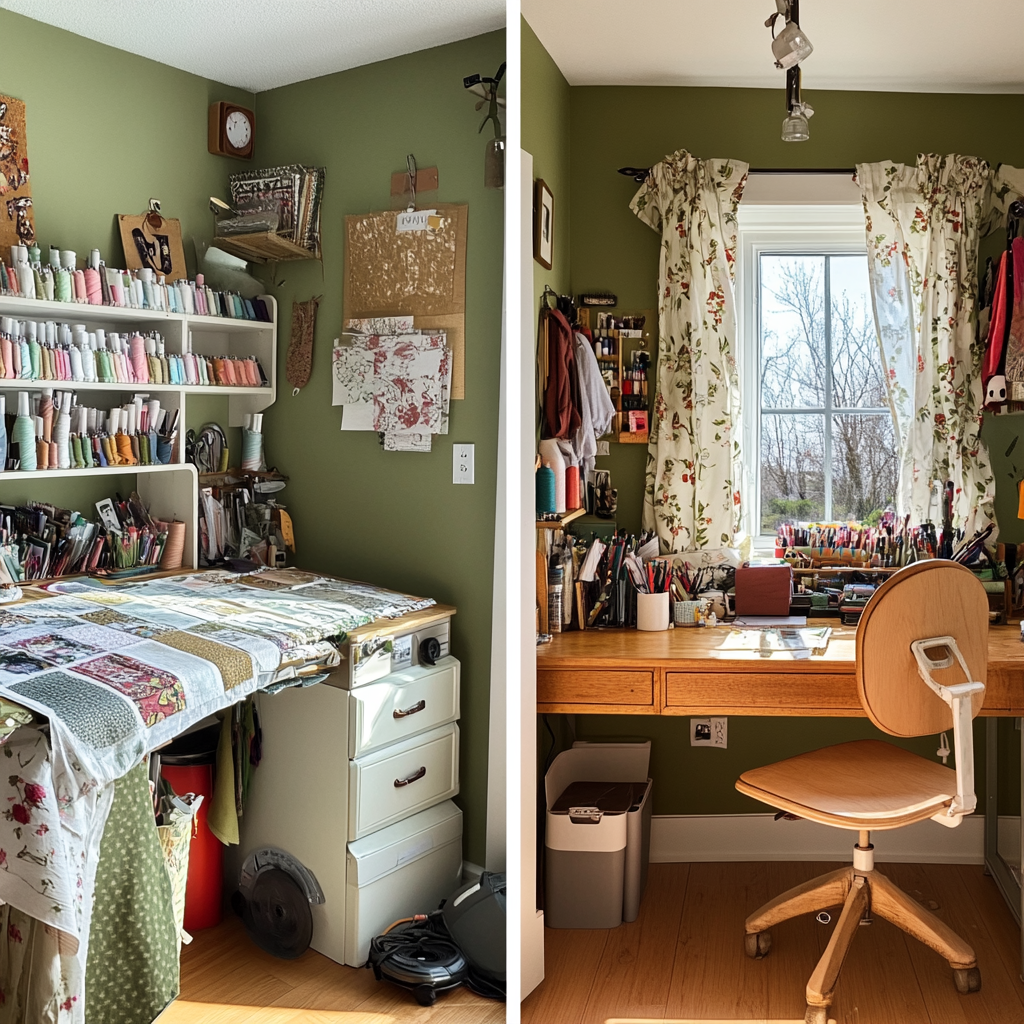 A brightly lit room containing a wooden desk and samples of sewing patterns | Source: Midjourney