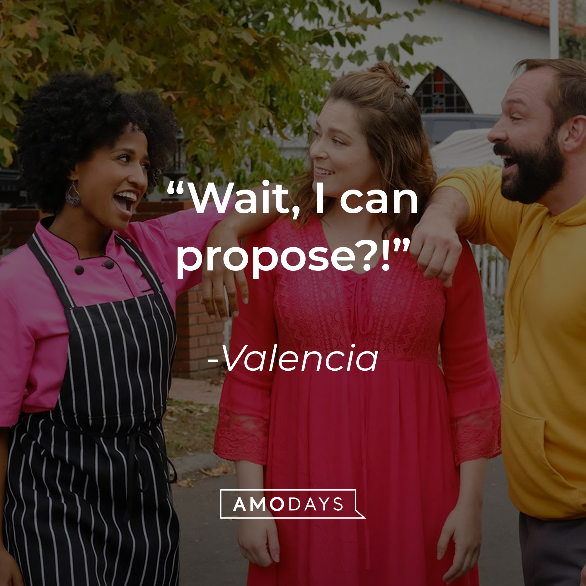 Rebecca and two other character’s with Valencia’s quote: “Wait, I can propose?!” | Source: facebook.com/crazyxgf