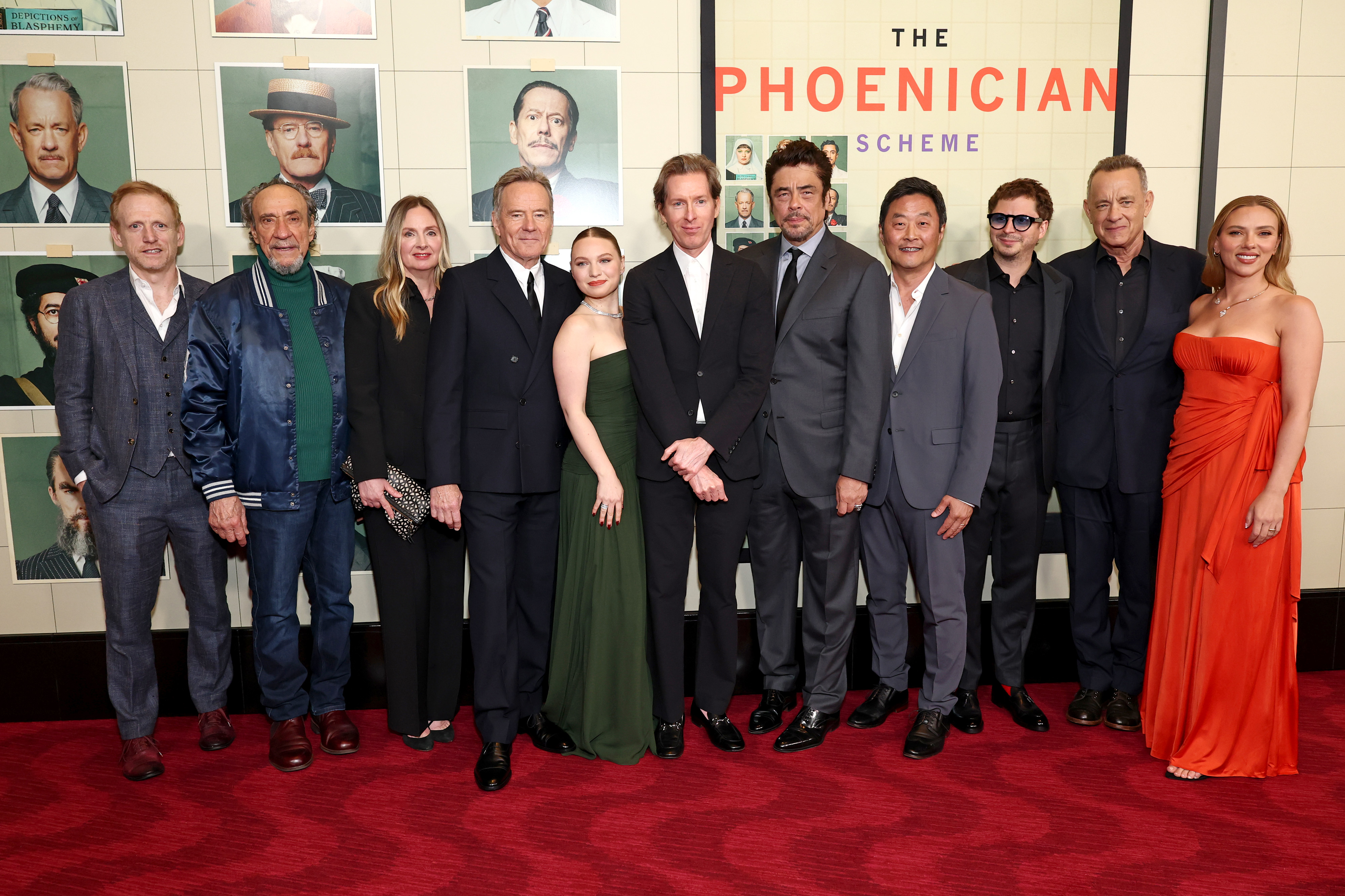 Scott Shepherd, F. Murray Abraham, Hope Davis, Bryan Cranston, Mia Threapleton, Wes Anderson, Benicio del Toro, Stephen Park, Michael Cera, Tom Hanks and Scarlett Johansson attend Focus Features' "The Phoenician Scheme" premiere at Jazz at Lincoln Center on May 28, 2025 in New York City | Source: Getty Images