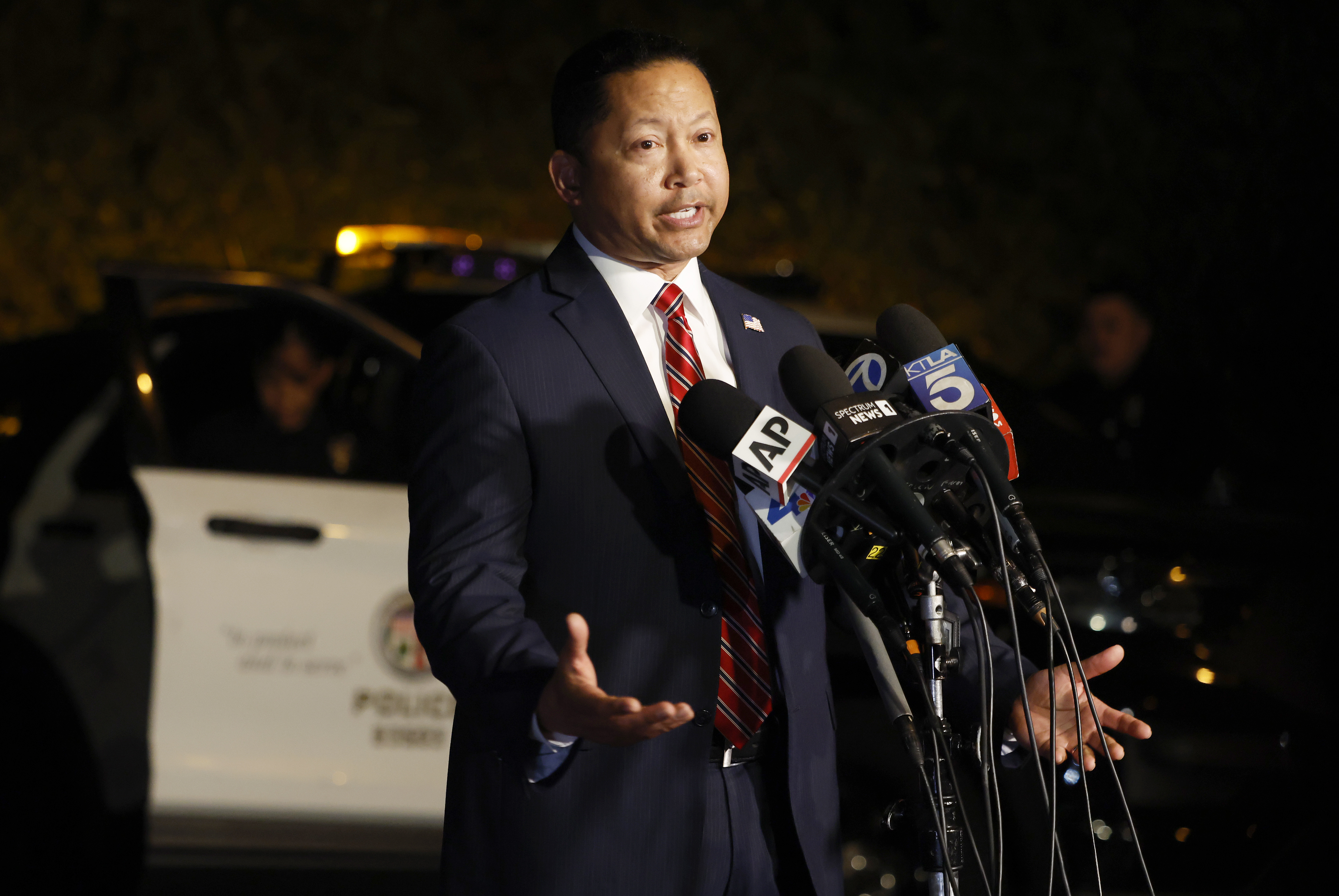 LAPD Deputy Chief Alan Hamilton speaks to the media outside the Reiner residence following the discovery of two bodies in Brentwood on December 14, 2025 | Source: Getty Images