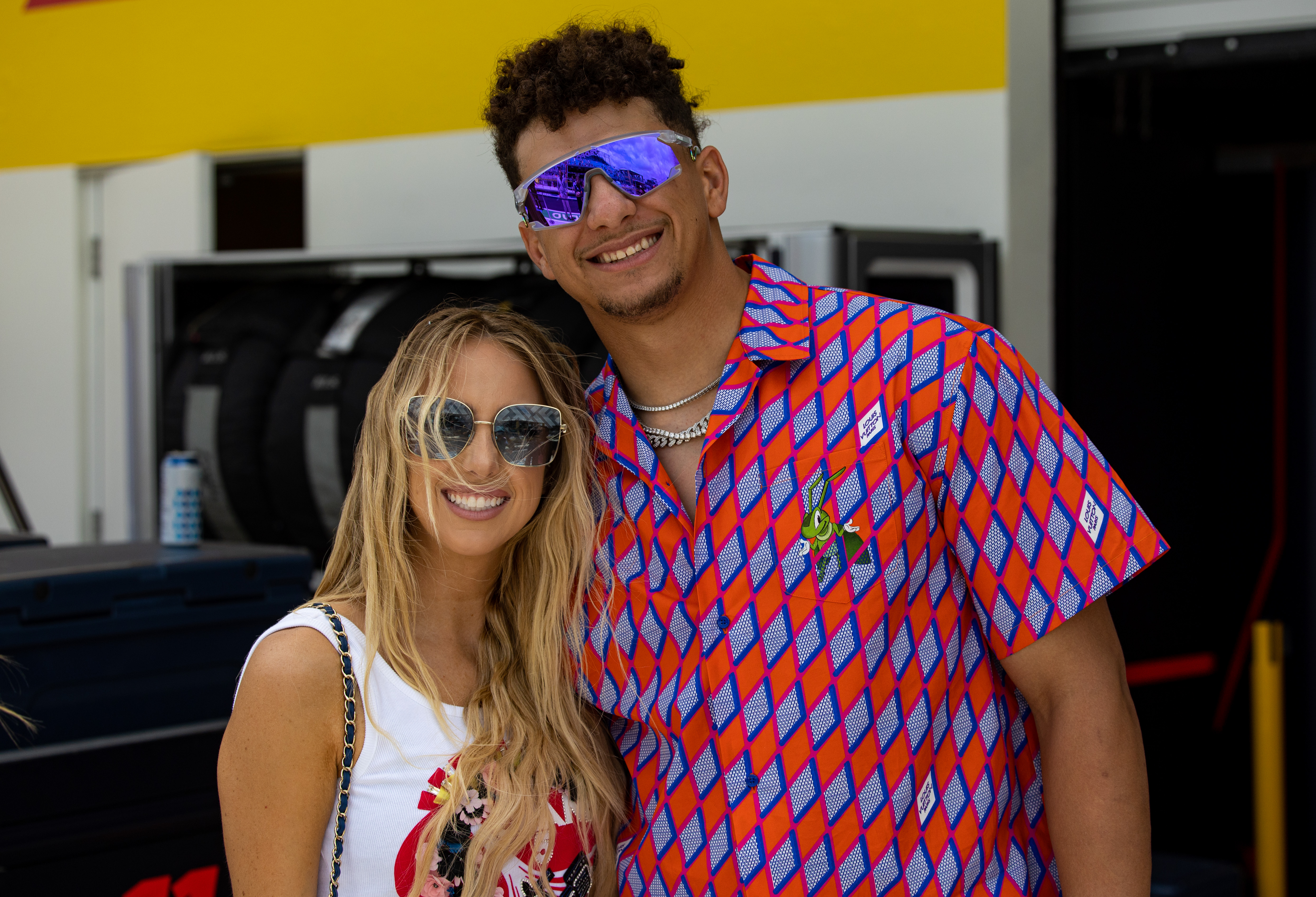 Patrick Mahomes and his spouse, Brittany Mahomes, captured in the Red Bull garage while attending the F1 Grand Prix of Miami at Miami International Autodrome on May 7, 2023 | Source: Getty Images