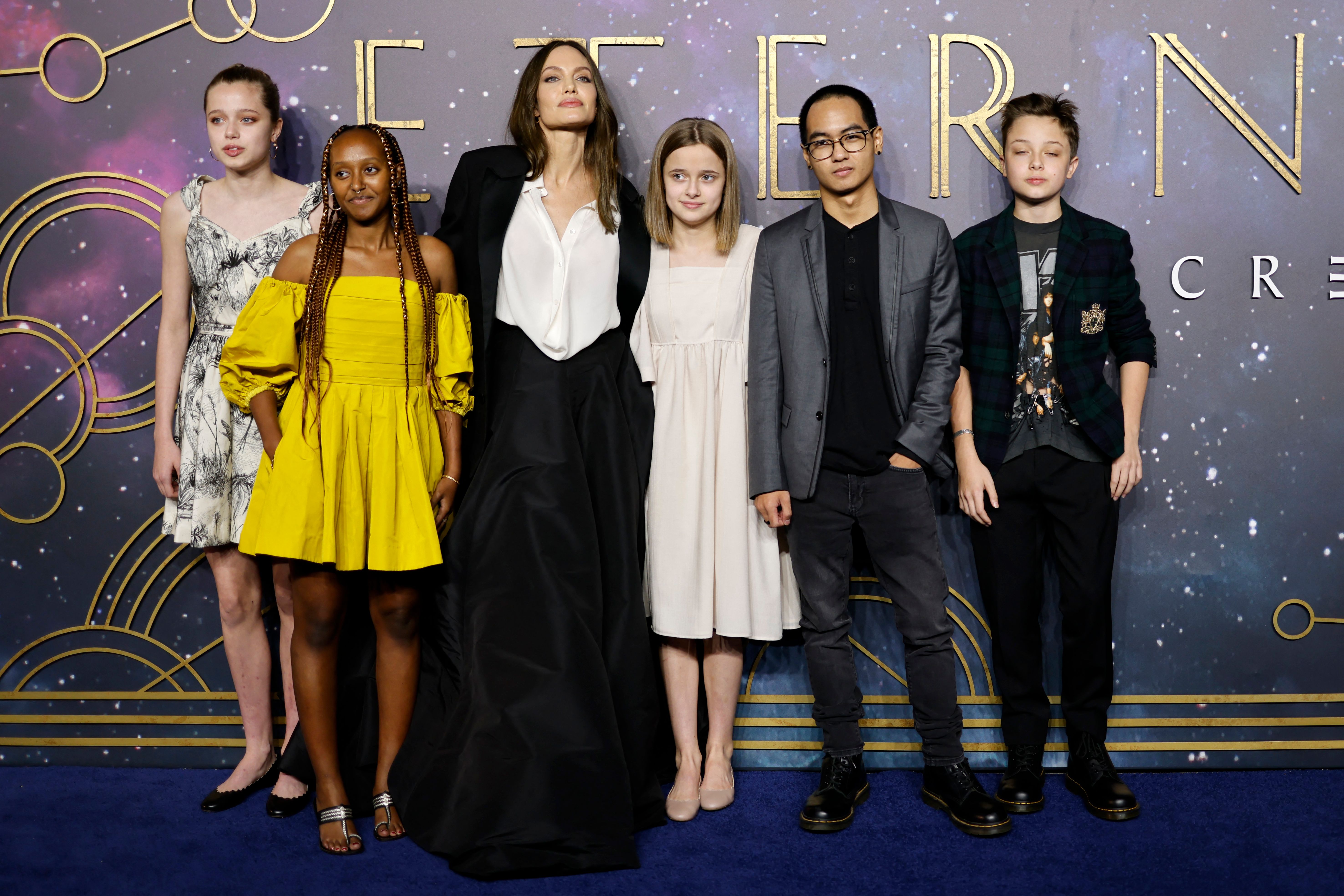 Angelina Jolie with her kids Shiloh, Zahara, Vivienne, Maddox, and Knox Jolie-Pitt at the UK Gala Screening of "Eternals" in London, England on October 27, 2021. | Source: Getty Images