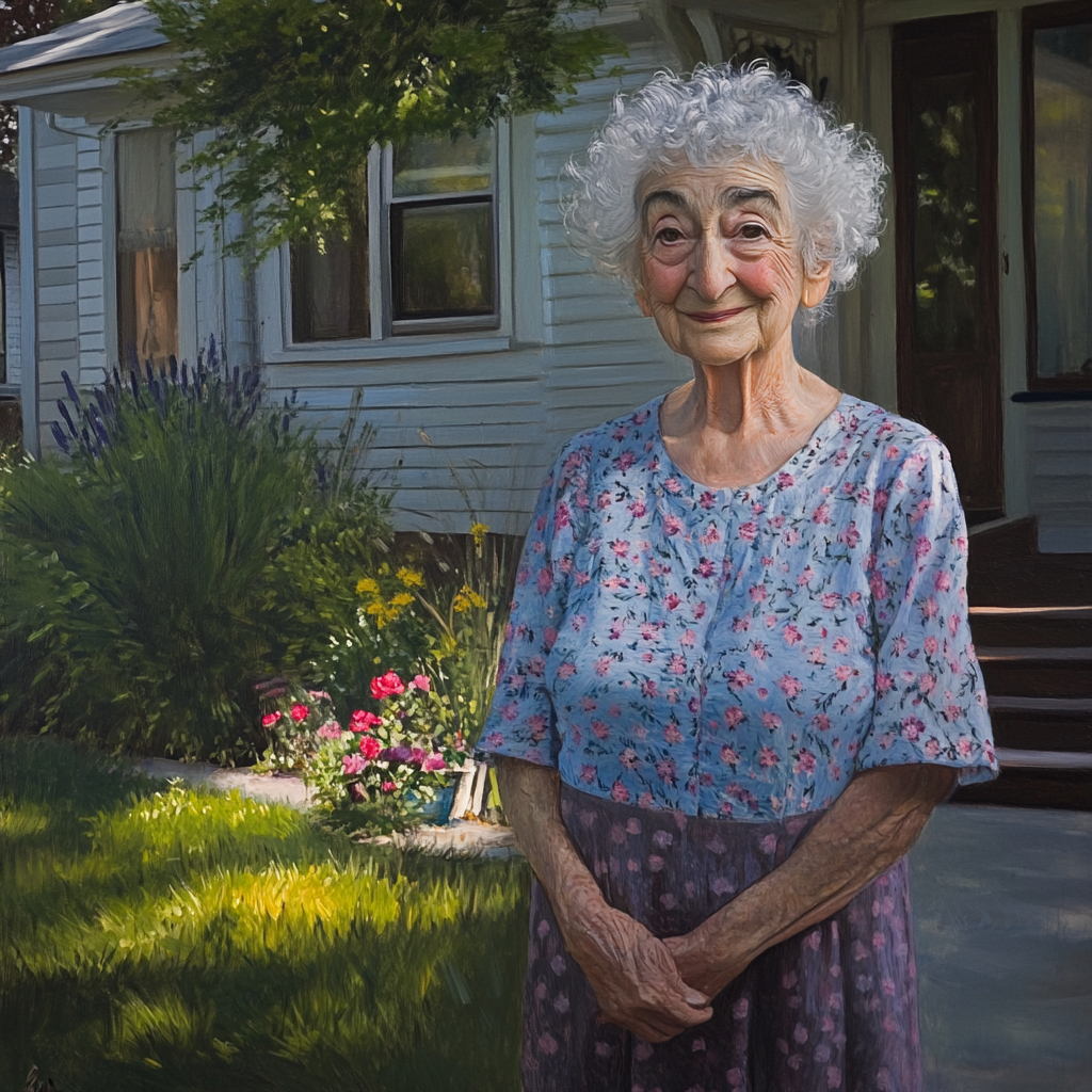 A smiling woman standing in front of her house | Source: Midjourney