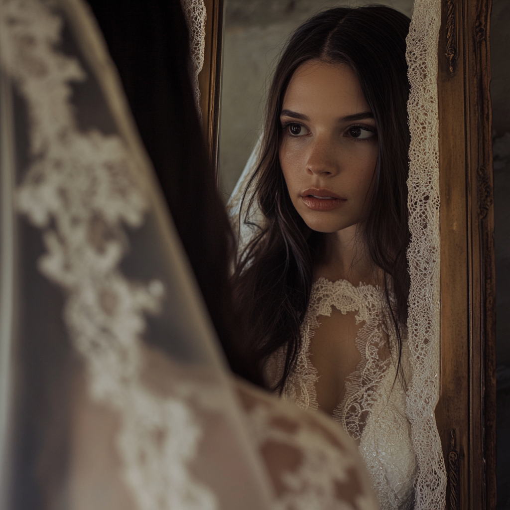 A bride standing in front of a mirror | Source: Midjourney