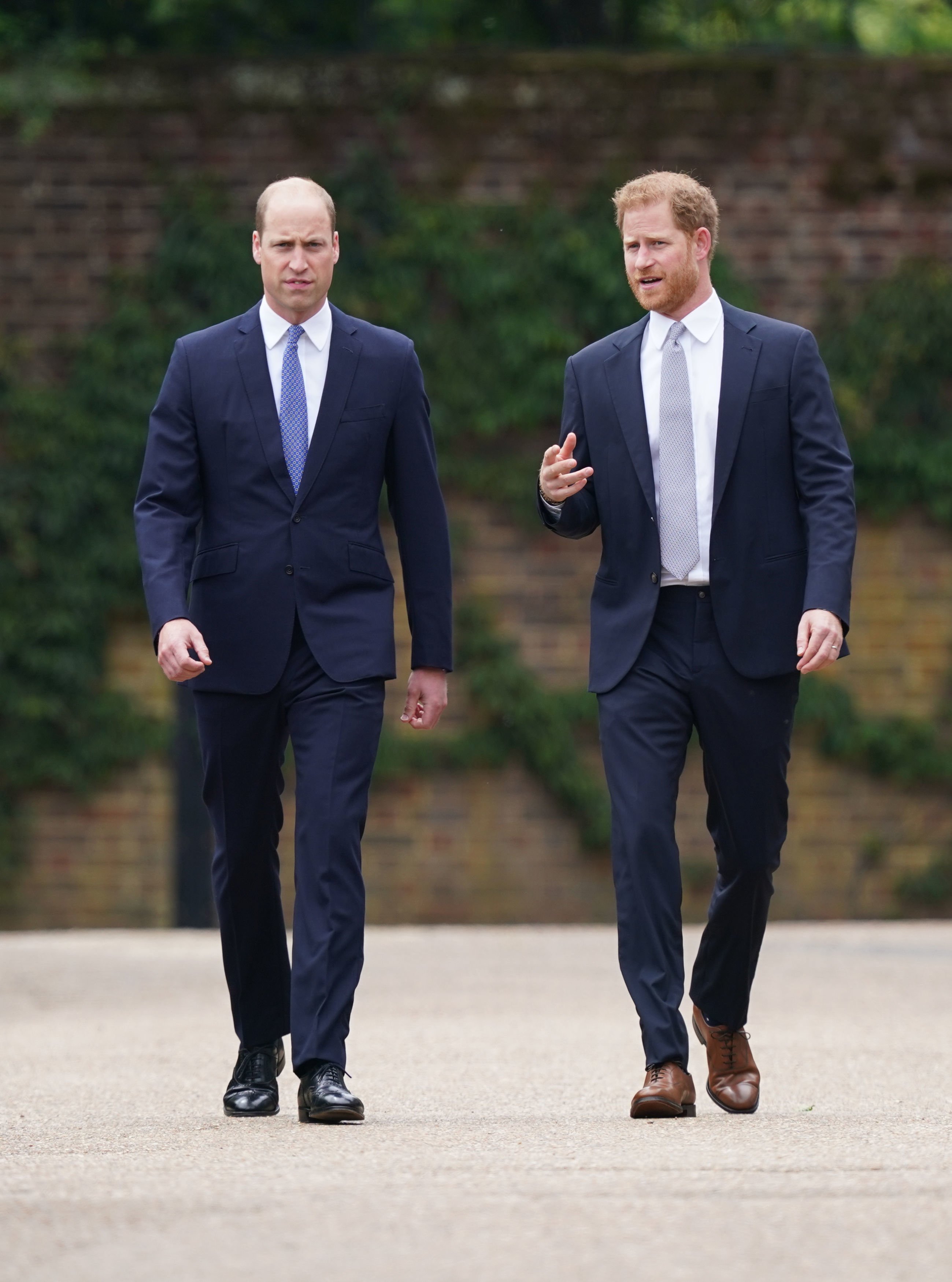 Prince William and Prince Harry arriving for the unveiling of a statue of their mother Diana, Princess of Wales, in the Sunken Garden at Kensington Palace on July 1, 2021 in London, England. / Source: Getty Images