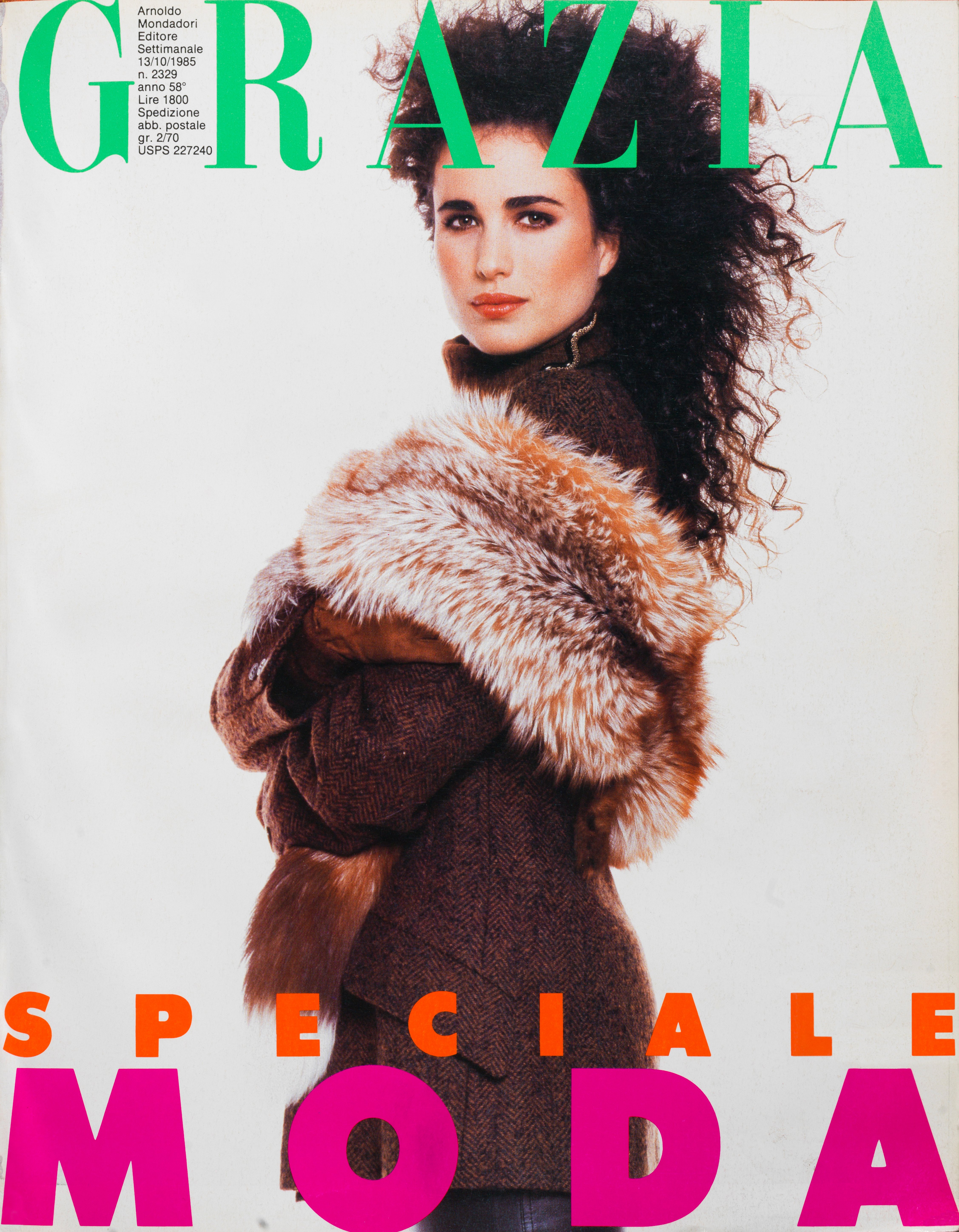 Model Andie MacDowell graces the cover of women's magazine Grazia in winter clothes in 1985┃Source: Getty Images