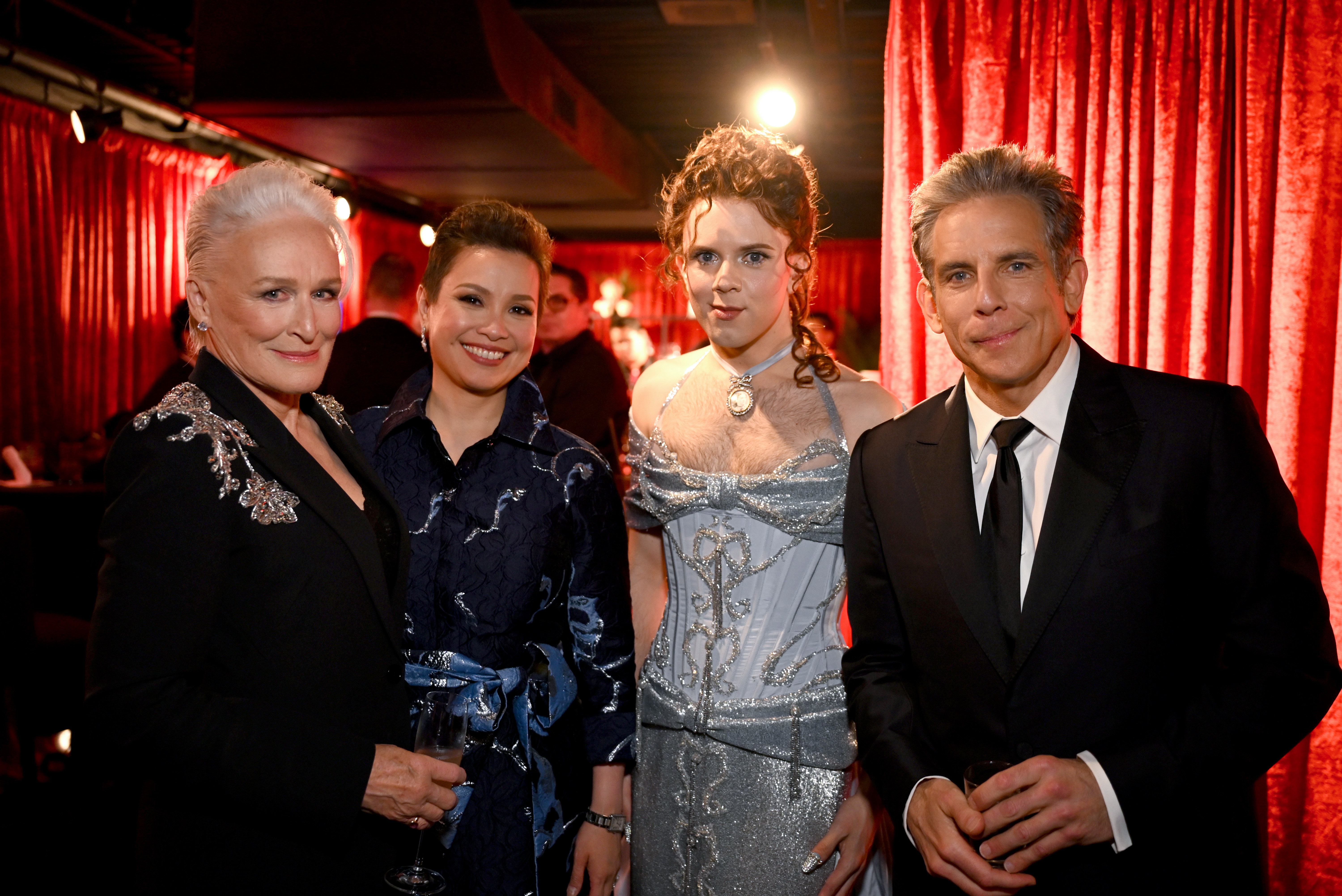 Cole Escola smiling in a photo with Glenn Close, Lea Salonga, and Ben Stiller at the 78th Annual Tony Awards in New York City on June 8, 2025.