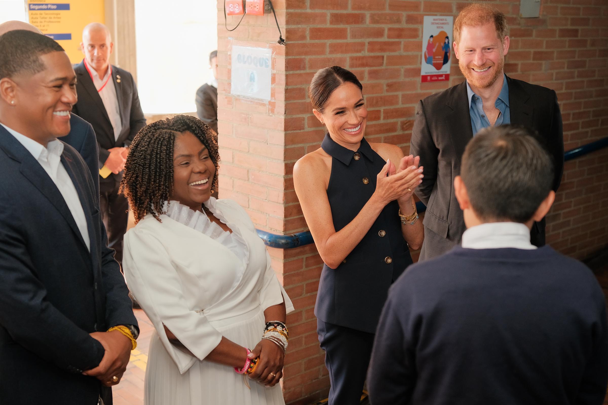 Prince Harry, Duke of Sussex, Meghan, Duchess of Sussex, Vice President Francia Márquez, and Yerney Pinillo visit a local charter school, Colegio Cultura Popular, in Bogota, Colombia, on August 15, 2024 | Source: Getty Images