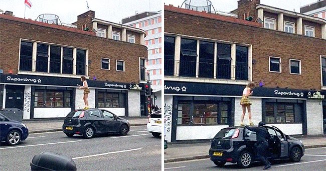 A woman standing on a vehicle’s roof [left]; The owner of the vehicle getting out the car to confront her [right]. | Source: twitter.com/AminNumeroUno