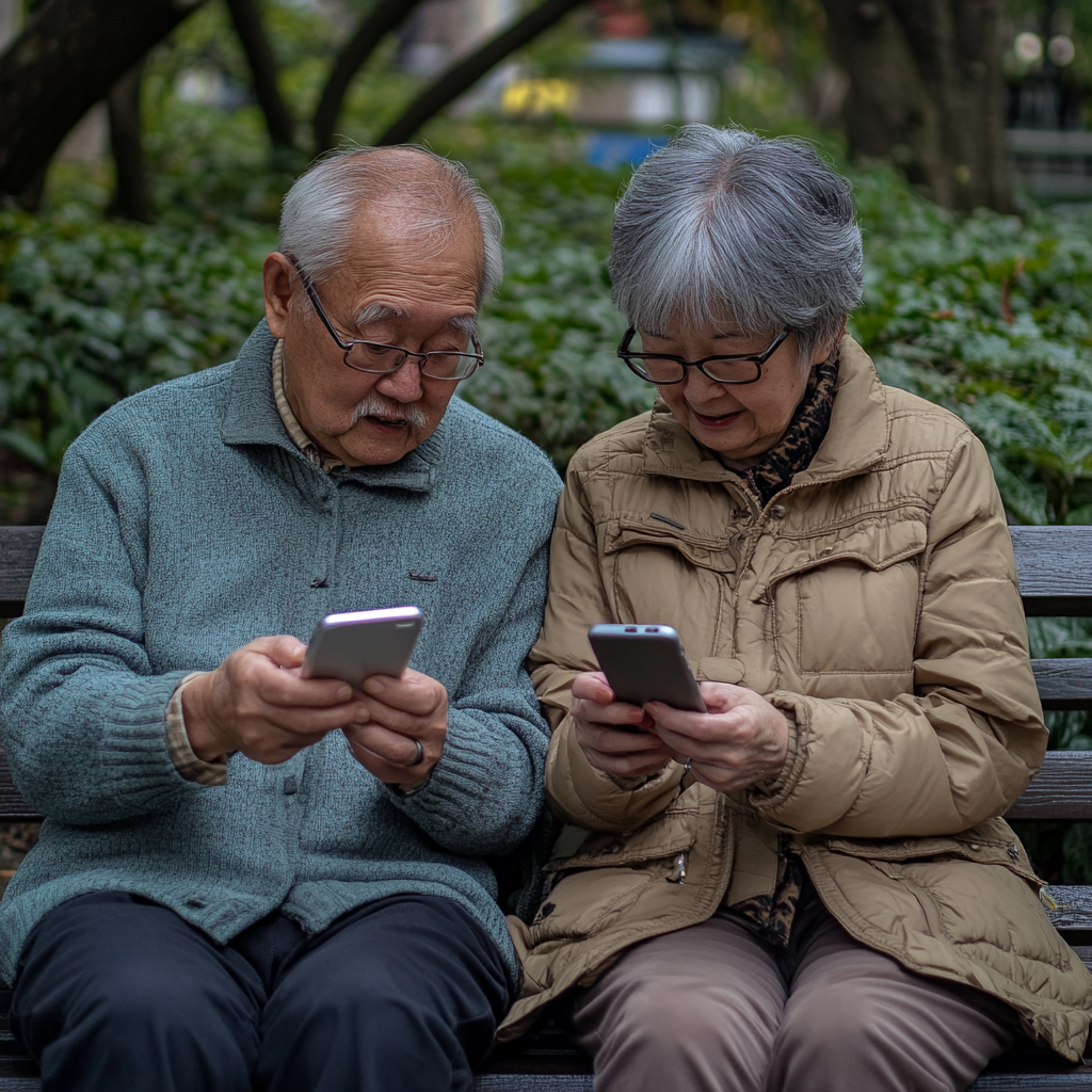 An elderly couple with their phones | Source: Midjourney