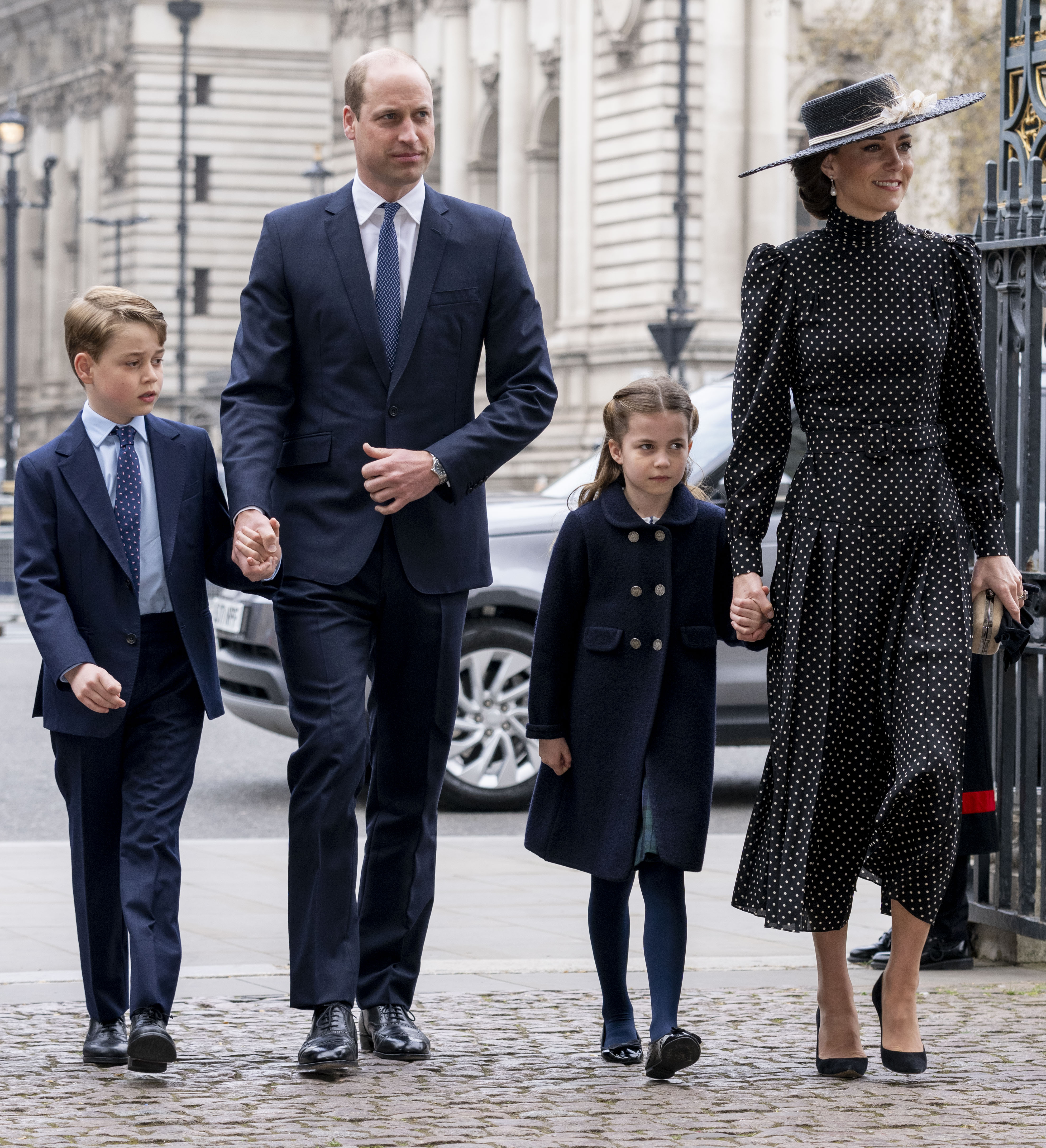 Prince William, and Prince George with Catherine,  and Princess Charlotte attend a memorial service for the Duke of Edinburgh at Westminster Abbey on March 29, 2022 in London, England | Source: Getty Images