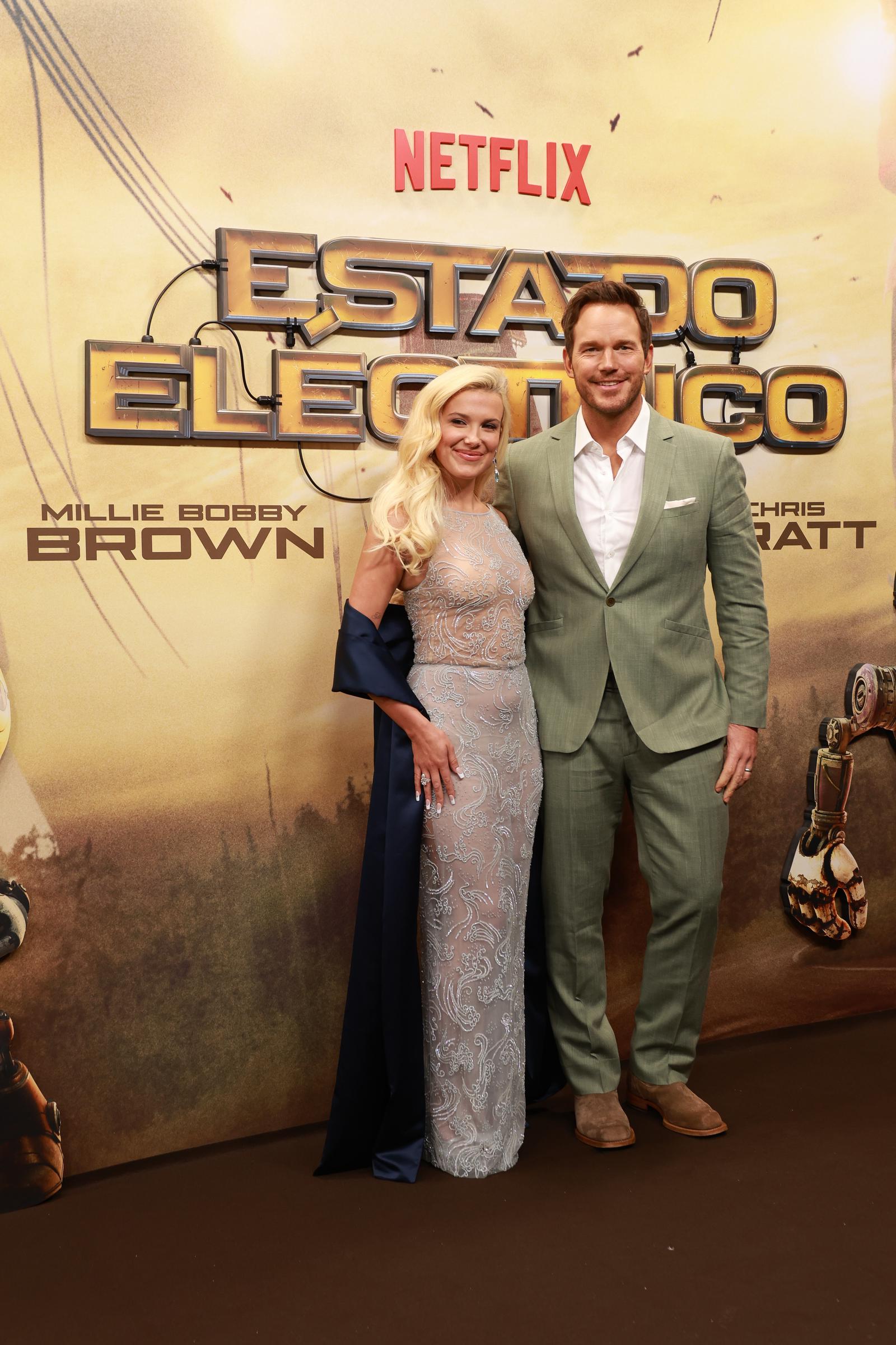 Millie Bobby Brown and Chris Pratt attend the premiere of "The Electric State," on February 27, 2025 | Source: Getty Images