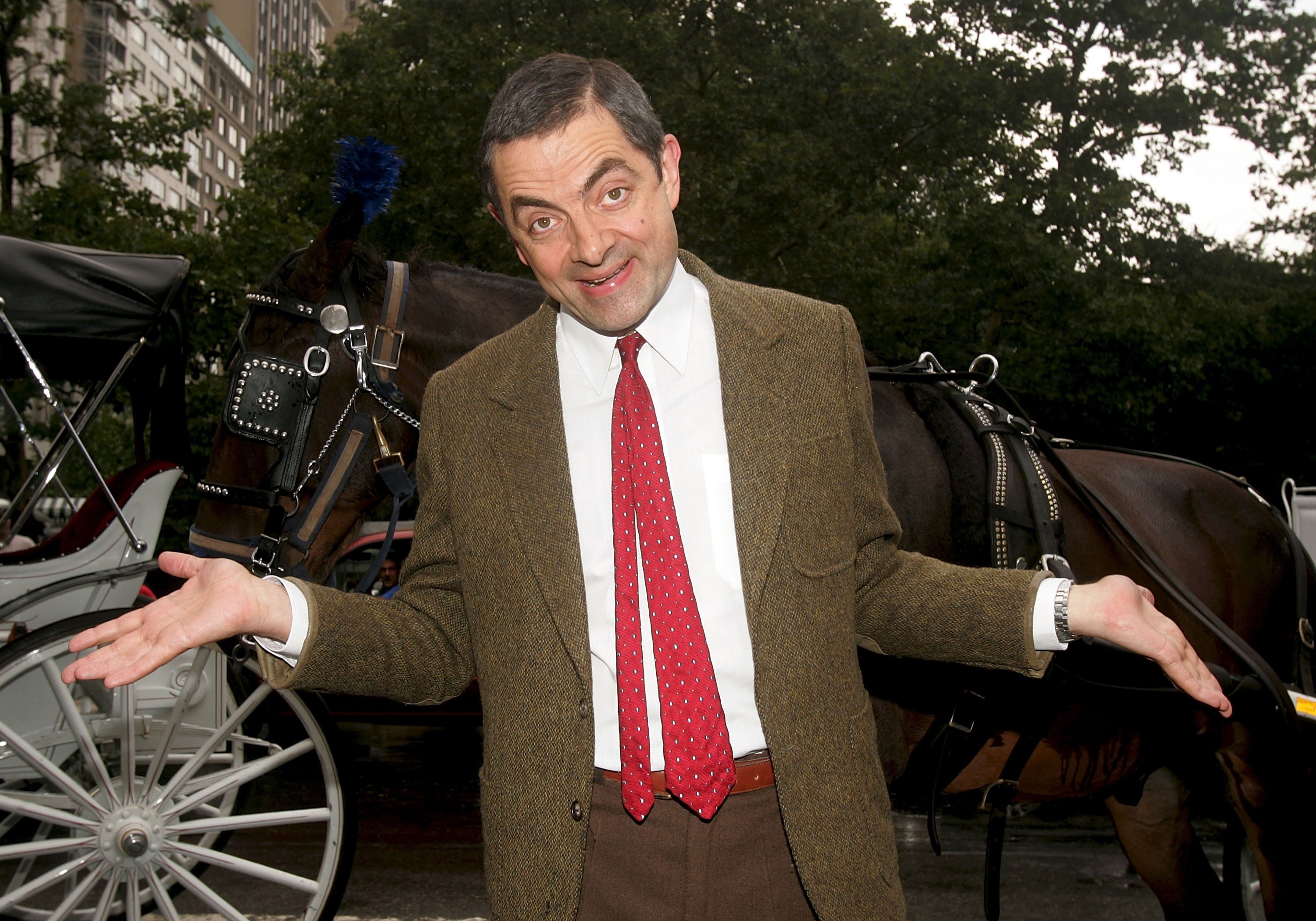 Rowan Atkinson dressed up as his iconic character Mr. Bean and posed in front of a horse and buggy on July 19, 2007, in New York City to promote his new film "Mr. Beans' Holiday." | Source: Getty Images