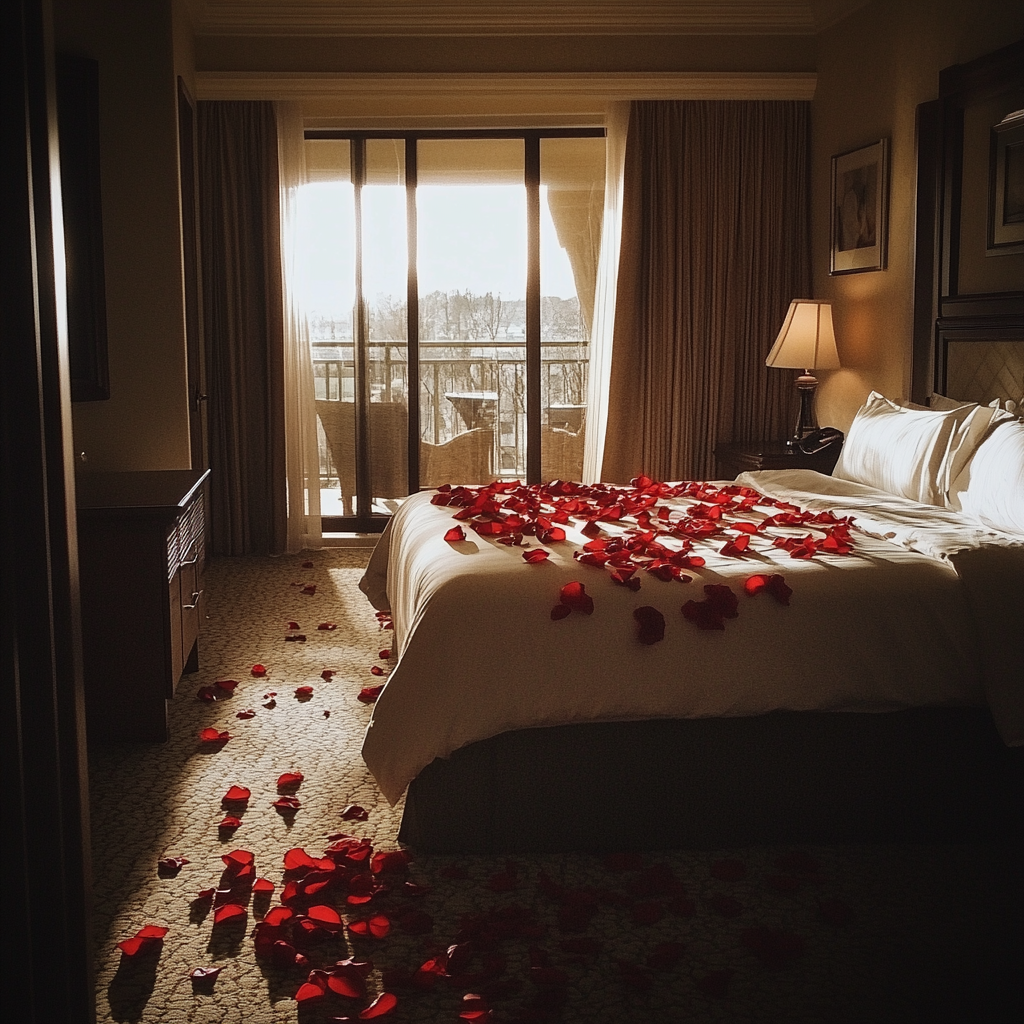 A hotel room with rose petals all over | Source: Midjourney