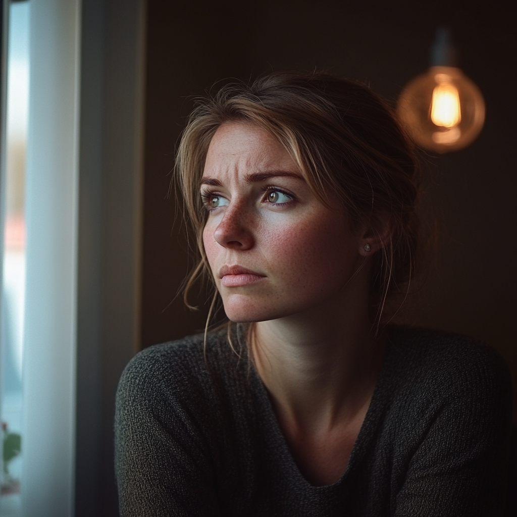 A sad and thoughtful woman looking out the window | Source: Midjourney