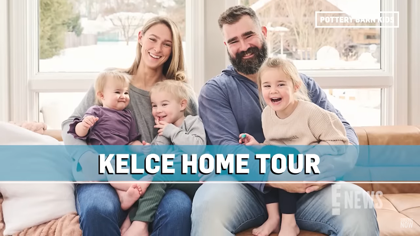 Jason and Kylie Kelce with their daughters Wyatt, Elliotte and Bennett Kelce at their home in Pennslyvania. | Source: YouTube/E!News