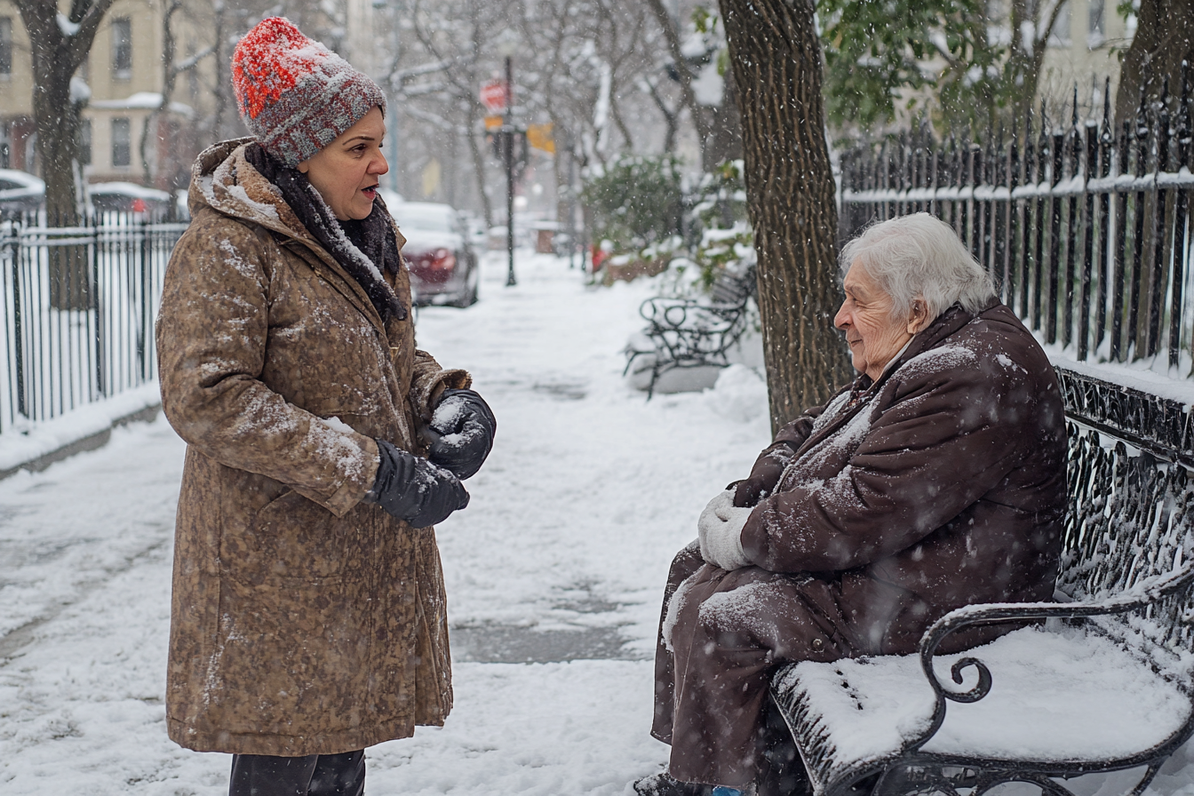 Two women speaking in the cold | Source: Midjourney