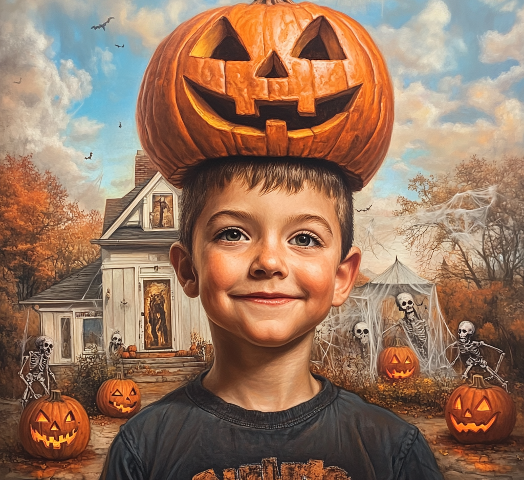 A boy with a Jack-o'-lantern on his head | Source: Midjourney