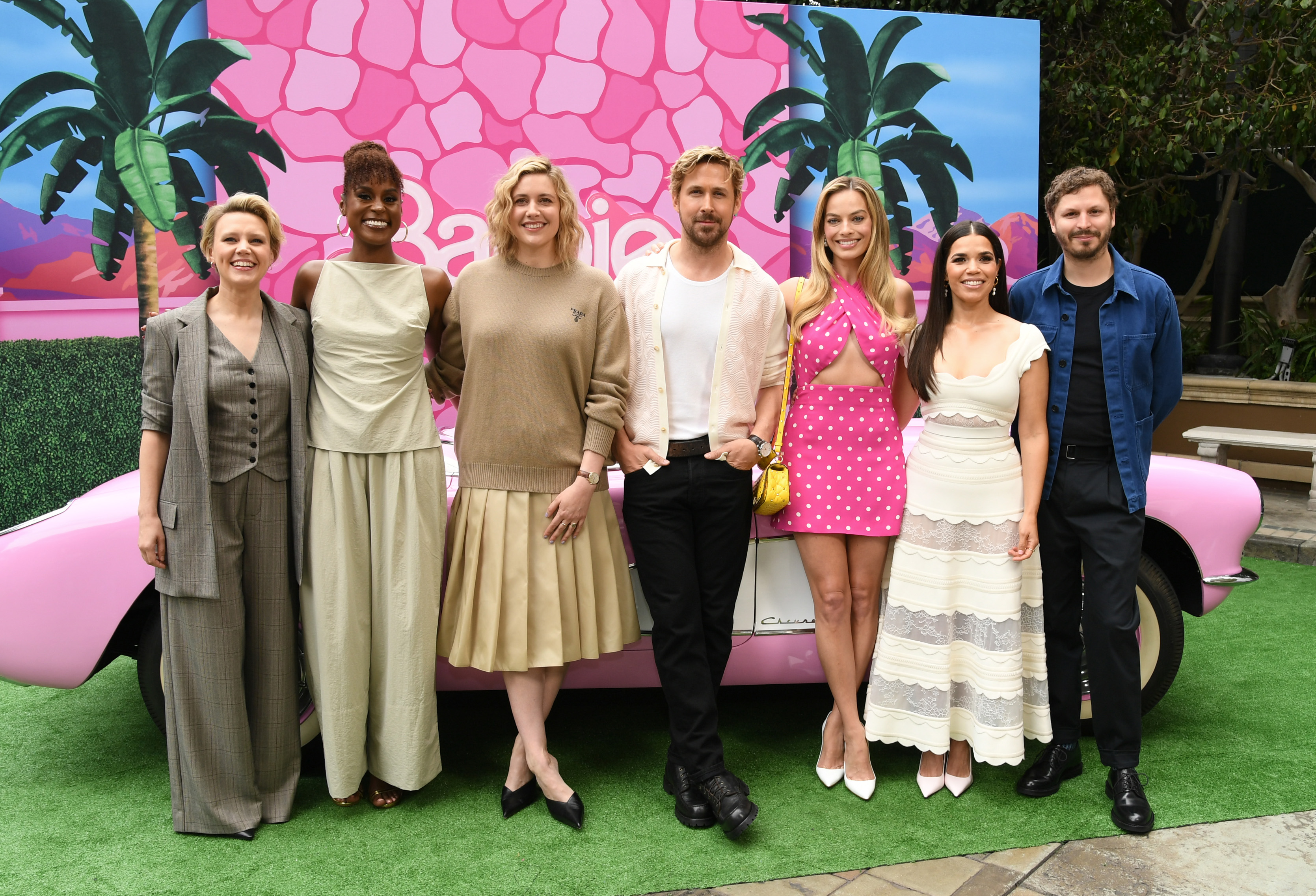 Kate McKinnon, Issa Rae, Greta Gerwig, Ryan Gosling, Margot Robbie, America Ferrera and Michael Cera attend the press junket and photo call For "Barbie" at Four Seasons Hotel Los Angeles at Beverly Hills on June 25, 2023 in Los Angeles, California | Source: Getty Images
