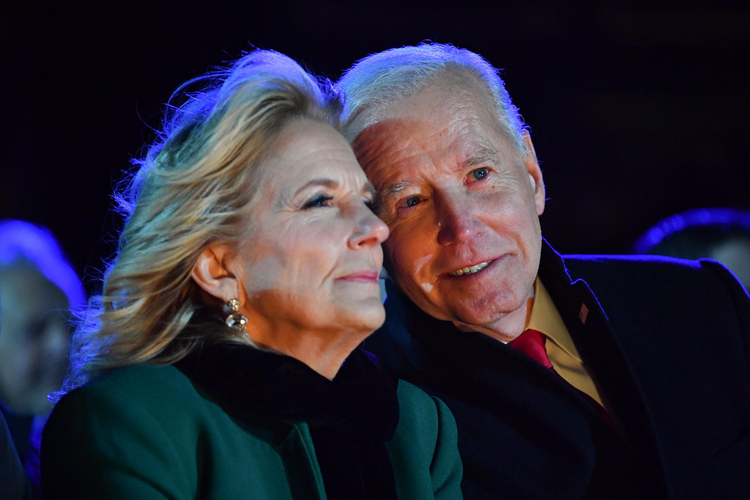 Jill and Joe Biden at the 100th National Christmas Tree Lighting on The Ellipse south of the White House in Washington, D.C, on November 30, 2022. | Source: Getty Images