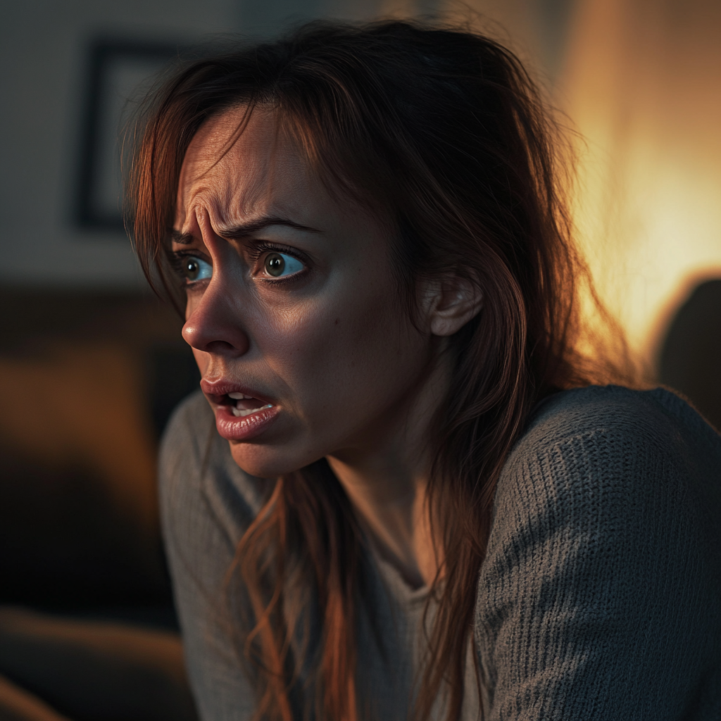 A shocked woman sitting on the couch | Source: Midjourney