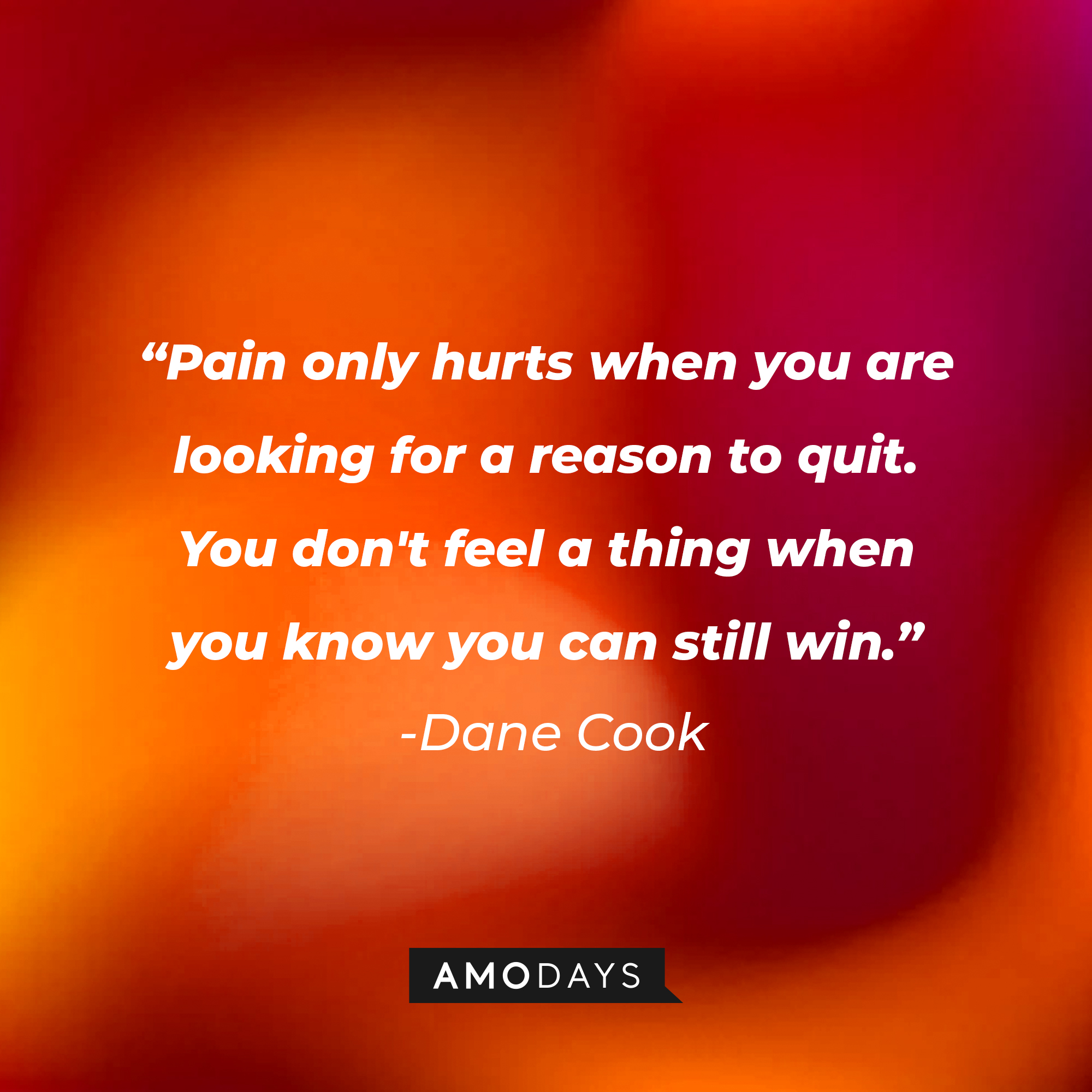 Dane Cook's quote: “Pain only hurts when you are looking for a reason to quit. You don't feel a thing when you know you can still win.” | Source: Amodays