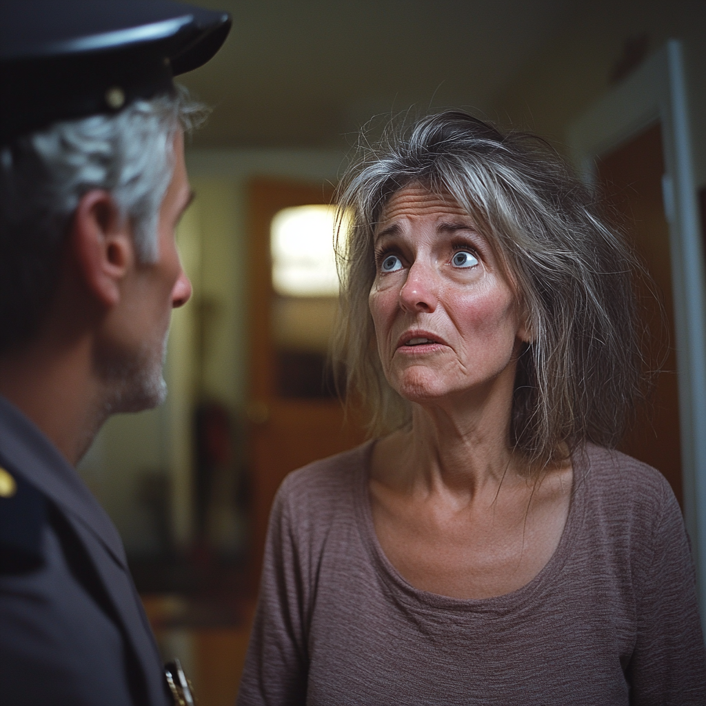 An upset woman talking to a cop | Source: Midjourney