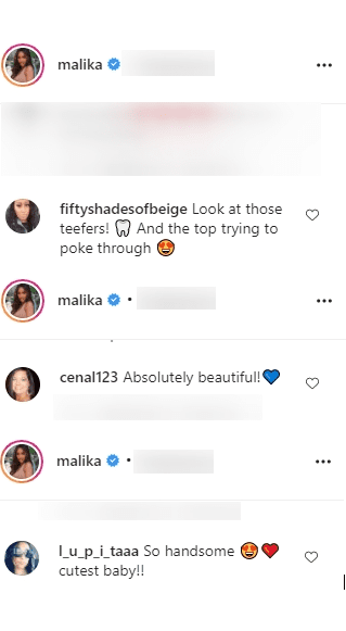 Screenshot showing comments on Malika Haqq's Insta post of baby Ace Flores | Source: Instagram/malika